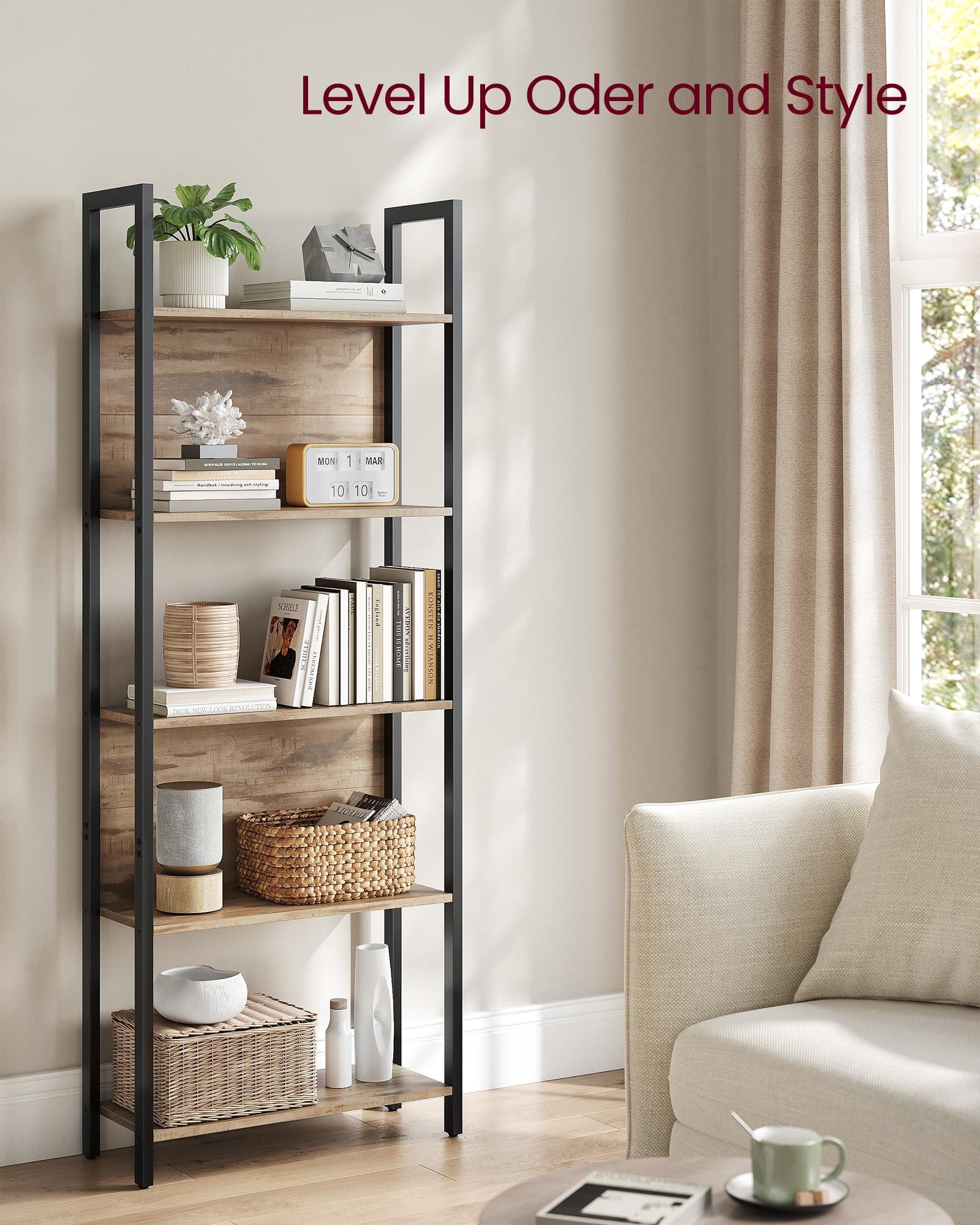VASAGLE 5-Tier Bookshelf, Book Shelf, Industrial Bookcase, with Steel Frame, for Living Room, Home Office, Bedroom, 9.4 x 24.4 x 65 Inches, Camel Brown and Black ULLS025B50 - Image 4