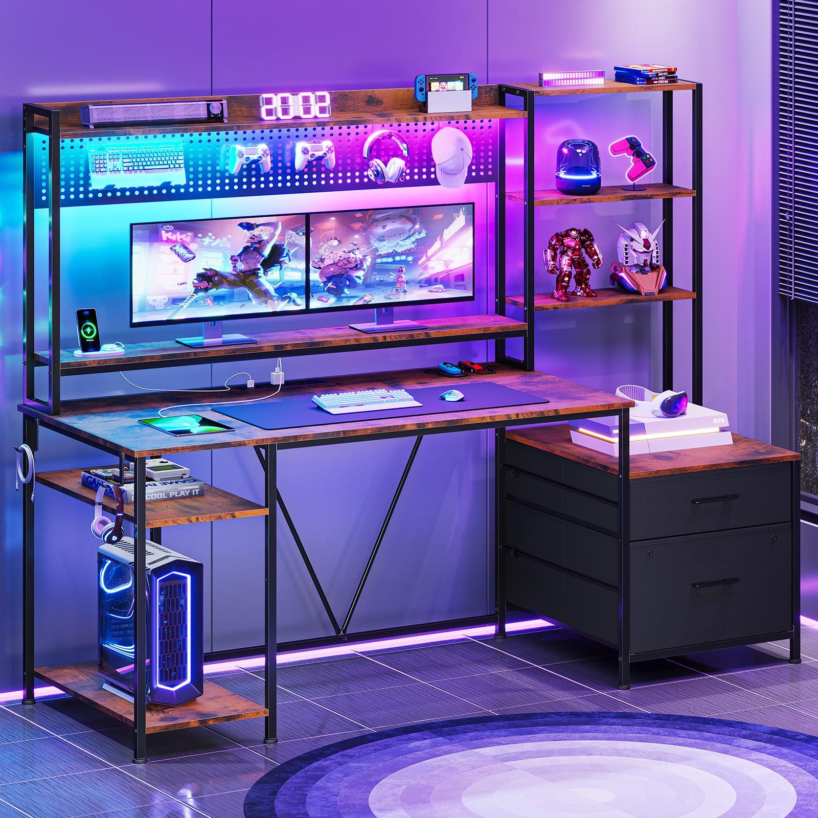 UPOSOJA Gaming Desk with Hutch, 65in Reversible Computer Desk with Power Outlets LED Light, Home Office Desk with Monitor Stand 2 Drawers 4 Storage Shelves Pegboard 8 Hooks Mouse Pad (Brown) - Image 9