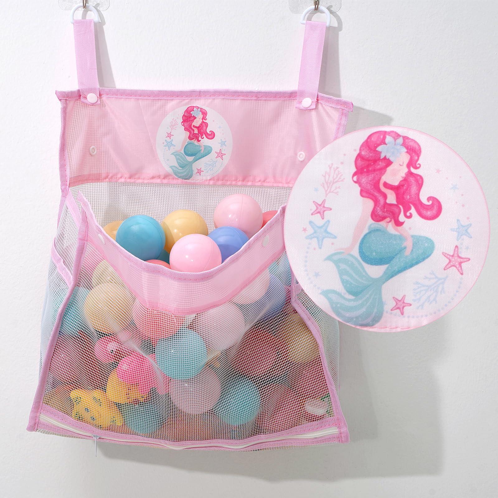 Gealaek Bath Toy Organizer Storage for Kids Mesh Bath Toy Holder with Large Capacity Multiple Hanging Options & Bottom Zipper for Easy Access (Pink Mermaid) - Image 7