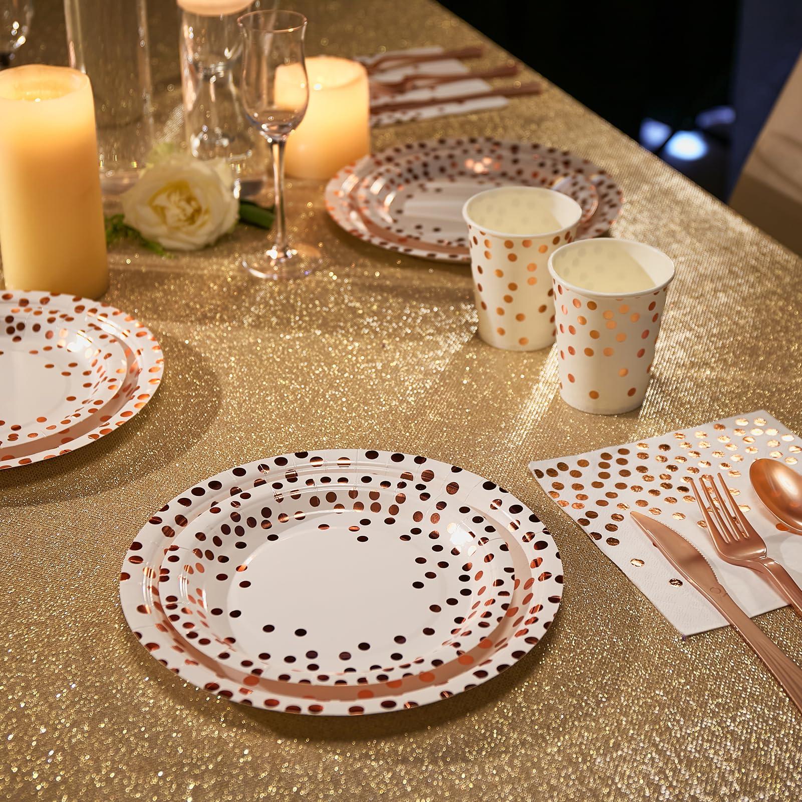 White and Rose Gold Party Supplies - 350 PCS Disposable Dinnerware Set - White Paper Plates Napkins Cups, Gold Plastic Forks Knives Spoon for Graduation, Birthday, Cocktail Party - Image 5