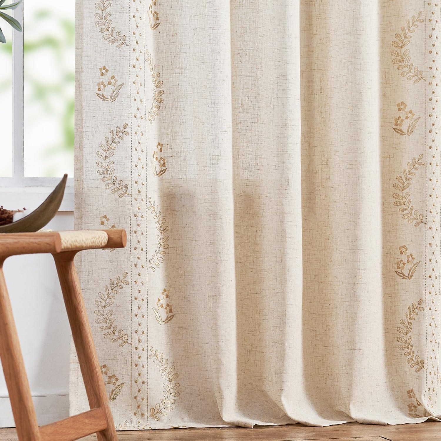 jinchan Linen Curtains for Bedroom Floral Curtains 84 Inch Length Linen Blend Beige Embroidered Drapes Farmhouse Flower Patterned Drapes for Living Room Window Treatments Set 2 Panels - Image 9