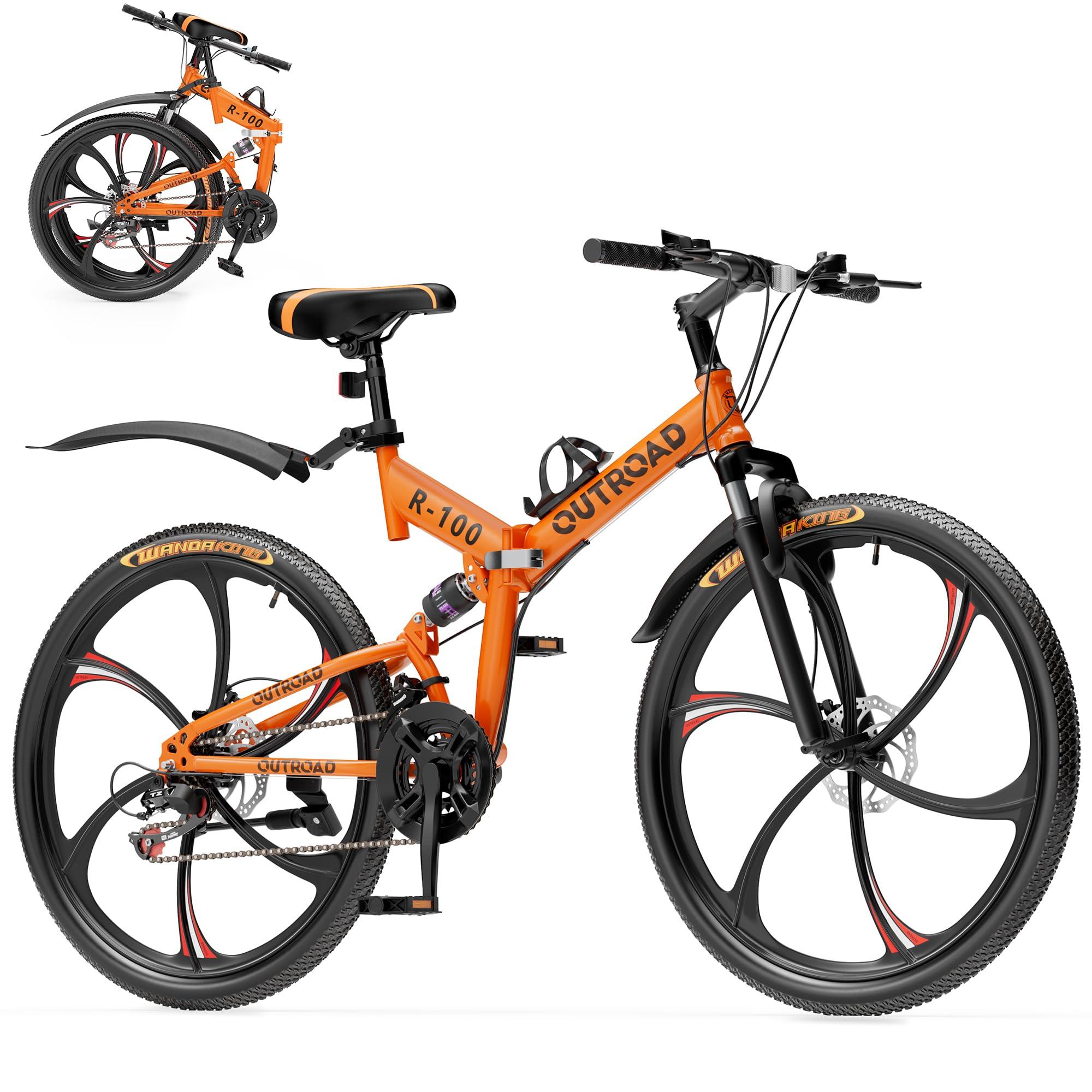 Outroad 26 Inch Folding Mountain Bike, 21 Speed Full Suspension High-Carbon Steel MTB Foldable Bicycle, Dual Disc Brake Non-Slip Folding Bikes for Adults/Men/Women, Black, Orange and Green