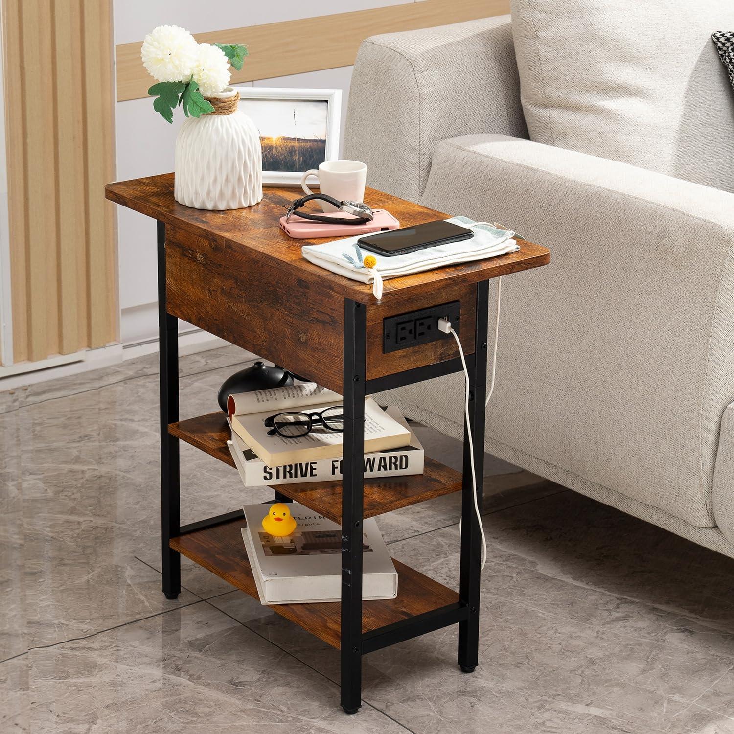 Yoobure End Table with Charging Station, Flip Top Side Table with USB Ports and Outlets, Sofa Couch Table Bedside Table for Living Room Bedroom, Narrow Nightstand with Storage Shelves for Small Space - Image 7
