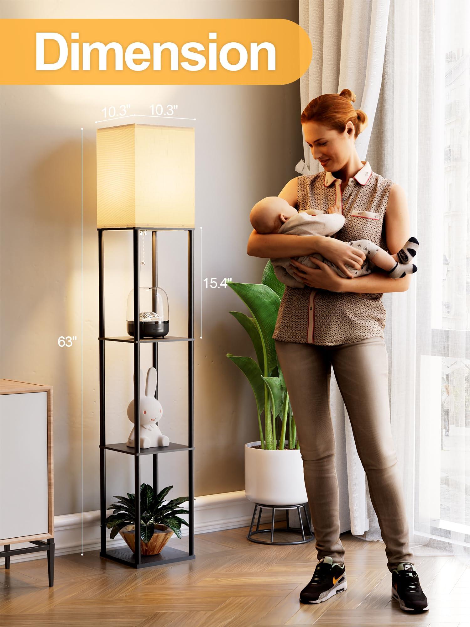 Floor Lamp with Shelves for Living Room, Shelf Floor Lamp with 3 CCT LED Bulb, Corner Display Standing Column Lamp Etagere Organizer Tower Nightstand with White Linen Shade for Bedroom, Office - Image 3