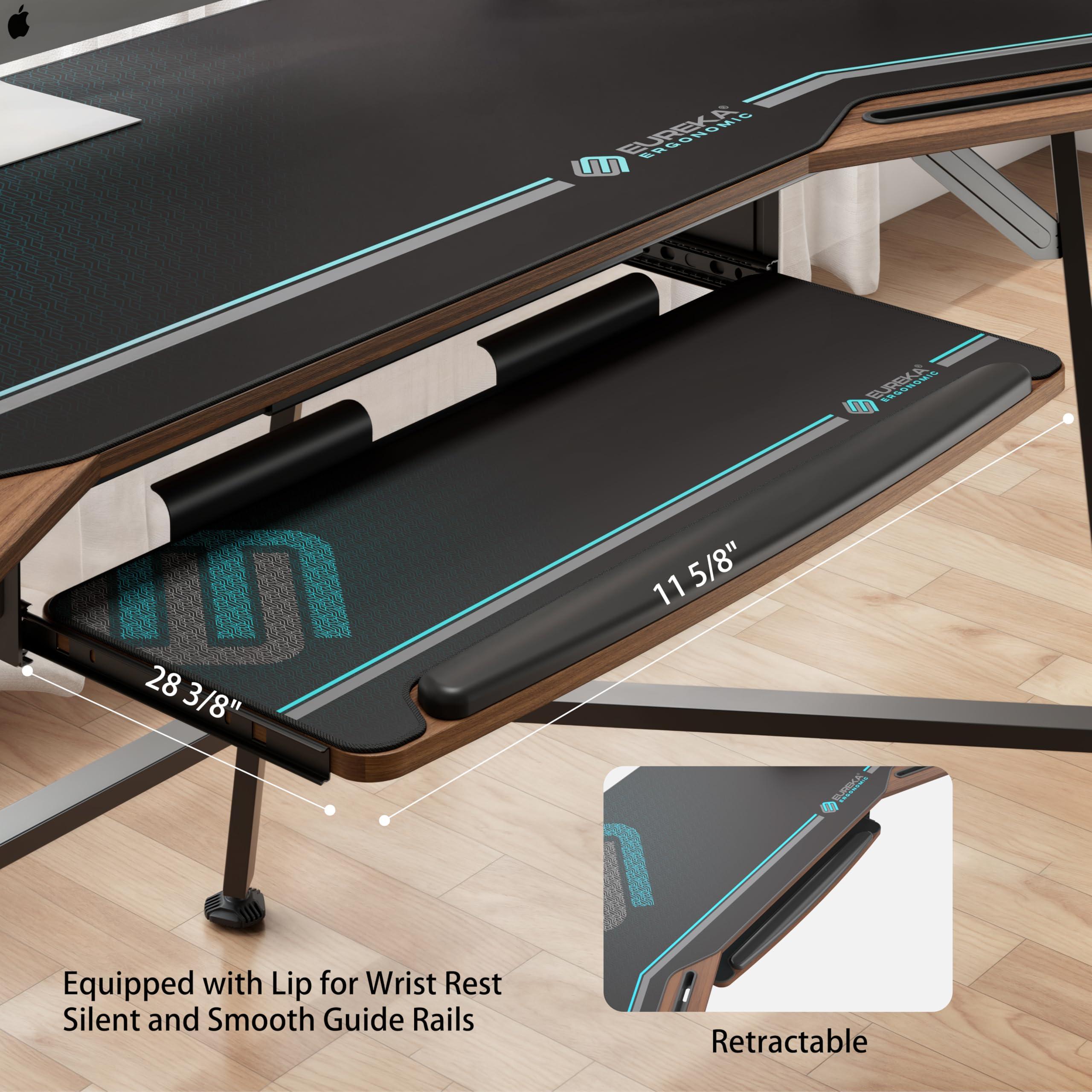 EUREKA ERGONOMIC 72" Gaming Desk W Keyboard Tray, Wing-Shaped Music Studio Desk, Large Computer Table W LED Convertible Monitor Stand Dual Headphone Hanger for Recording Live Streamer, Walnut Wood - Image 5