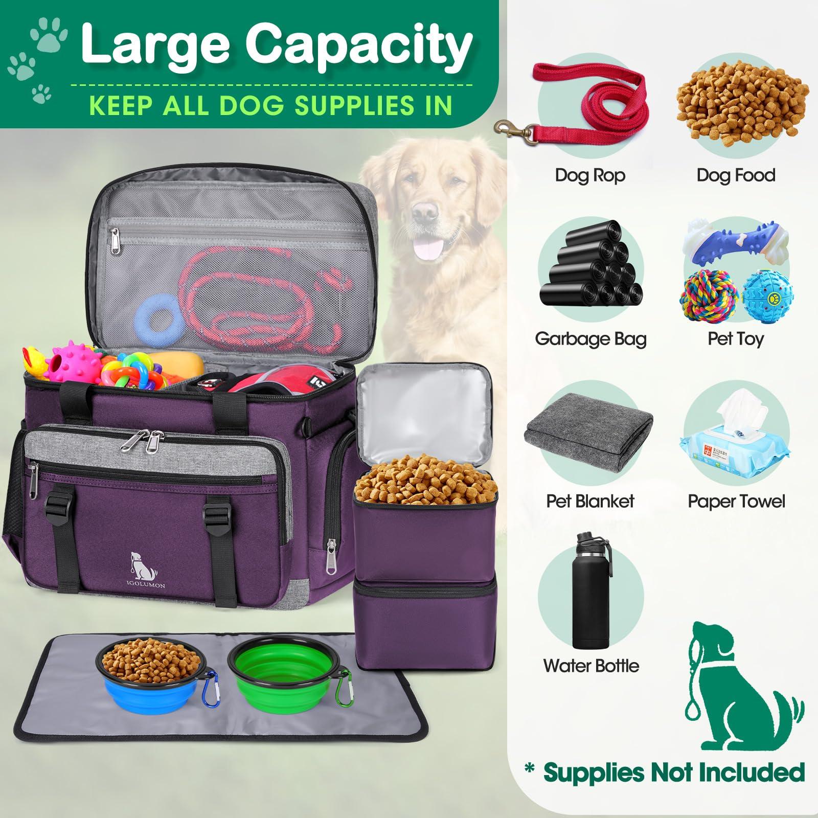IGOLUMON Dog Travel Bag Large Pet Travel Bags Set for Supplies Weekend Dog Travel Kit Tote Organizer Multi-Pockets Dog Food Travel Bag with 2 Large Food Containers, 2 Dog Bowls, 1 Feeding Mat, Purple - Image 4
