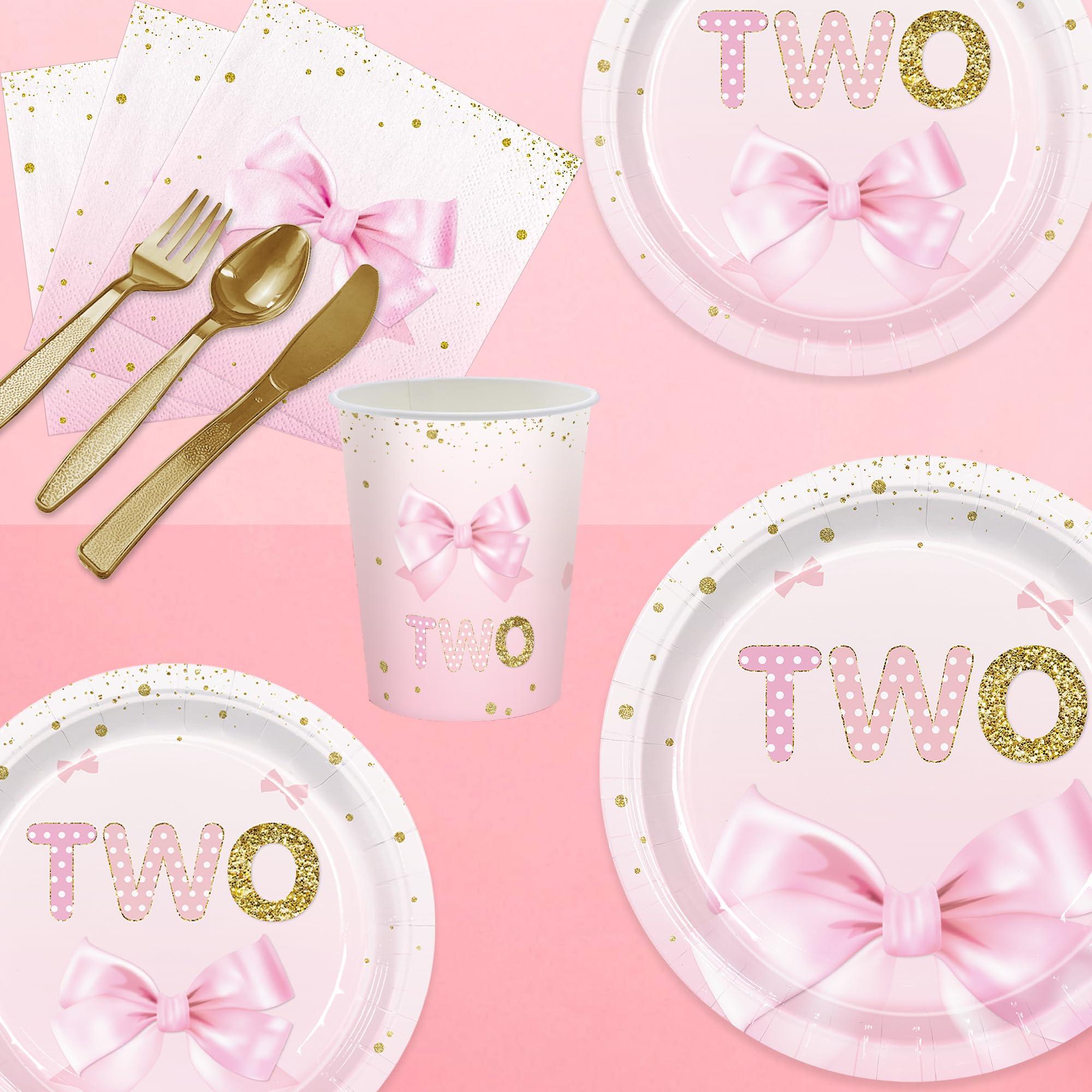 168pcs Birthday Decorations Girls 2nd Plates Napkins Party Supplies Two Years Old Paper Tableware Set Disposable Birthday Party Dinnerware Kids Serve 24 Guests - Image 2