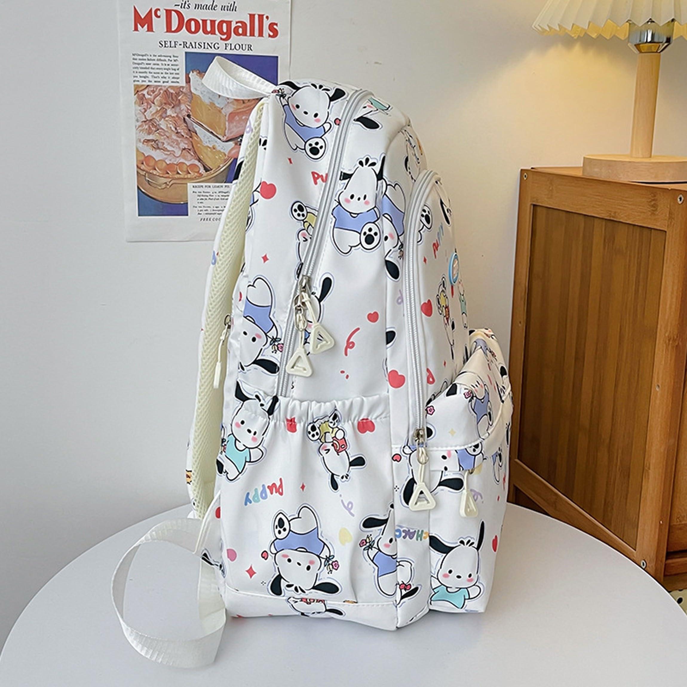 Roffatide Cartoon Pochacco All Over Print Casual Backpack Laptop Backpack Bike Travel Hiking Rucksack Daypack White (With Cute Pendants) - Image 2