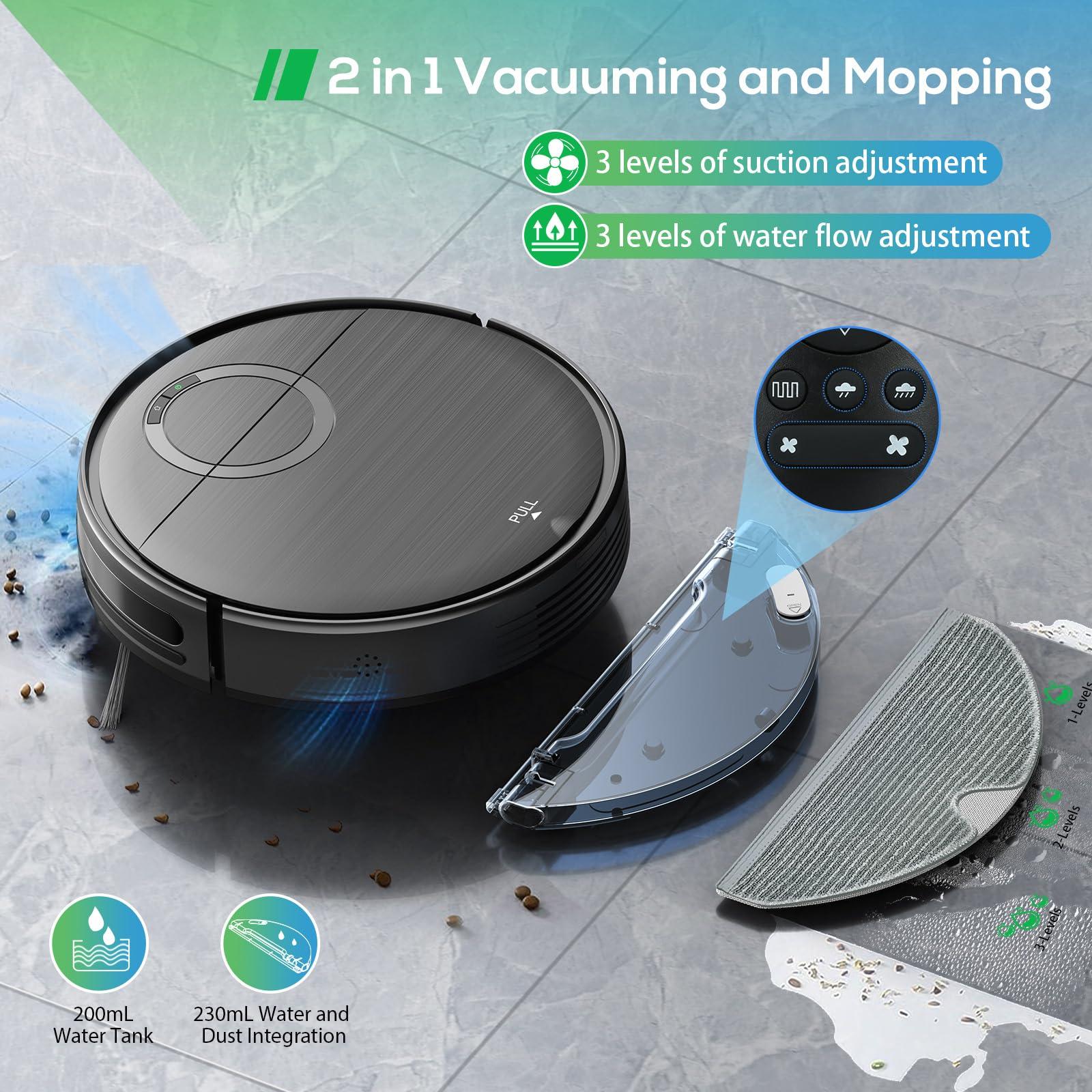 Robot Vacuum and Mop Combo, 2 in 1 Mopping Robot Vacuum Cleaner with 2000Pa Max Suction, Wi-Fi/App/Remote, Schedule, Self-Charging Slim Robotic Vacuum, Ideal for Pet Hair, Low-Pile Carpet, Hard Floor - Image 3