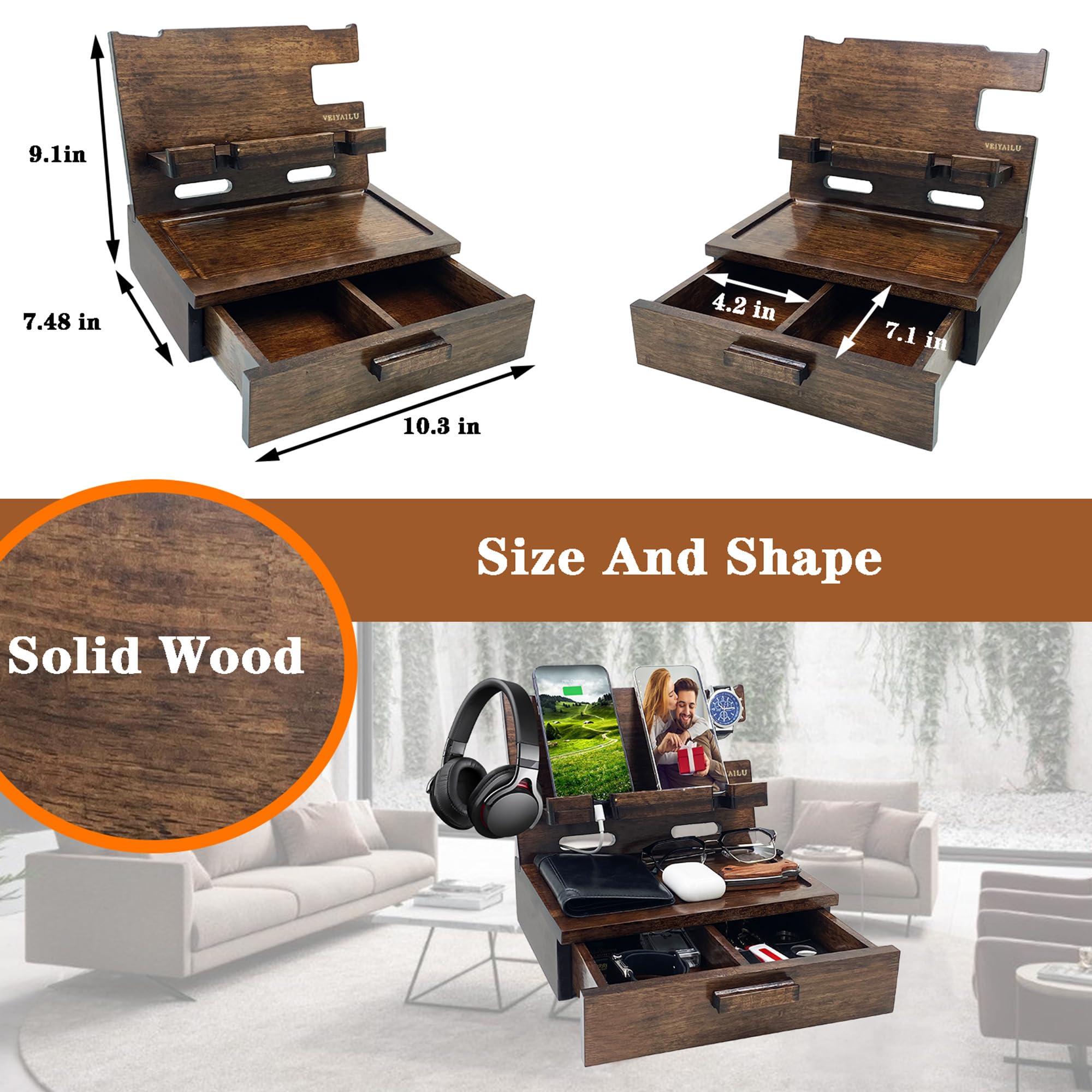 VEIYAILU Gifts for Men Women Husband Son Boyfriend Him Nightstand Organizer Wood Phone Docking Station Birthday Gifts (Walnut) - Image 3