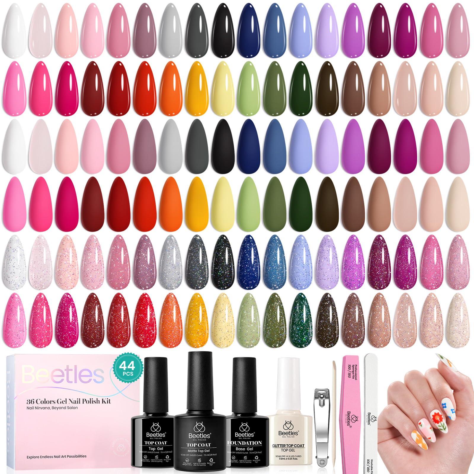 beetles Gel Polish 44pcs Gel Nail Polish Set 36 Colors Nude White Hot Pink Red Blue Black Brown with Base Coat Glossy Matte Glitter Top Coat Gifts for Women Colorful Muse - Image 8