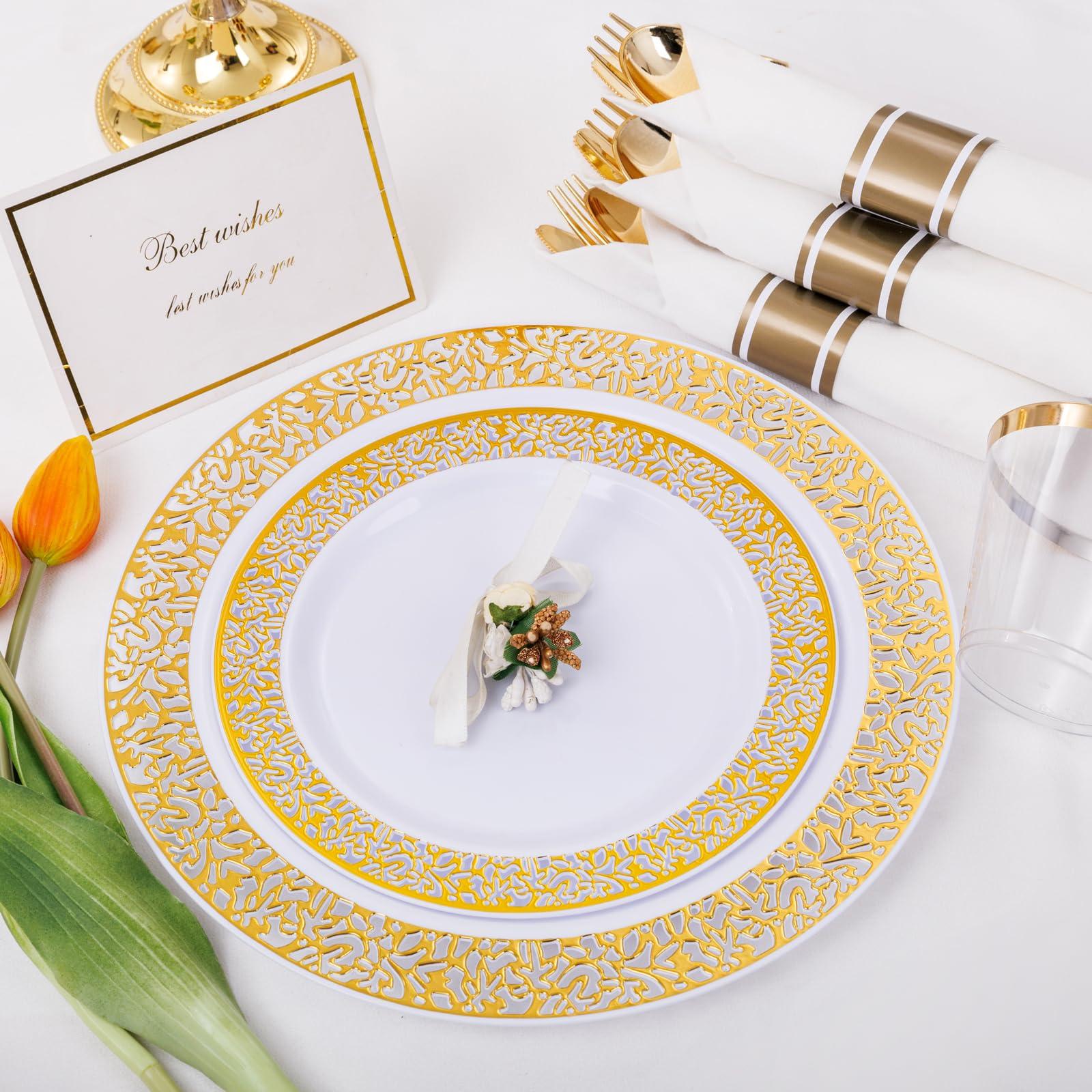 WELLIFE 175Pcs Gold Dinnerware Sets, Include:25 Dinner Plates, 25 Dessert Plates, 25 Paper Napkins, 25 Cups, 25 Plastic Cutlery Set - Image 7