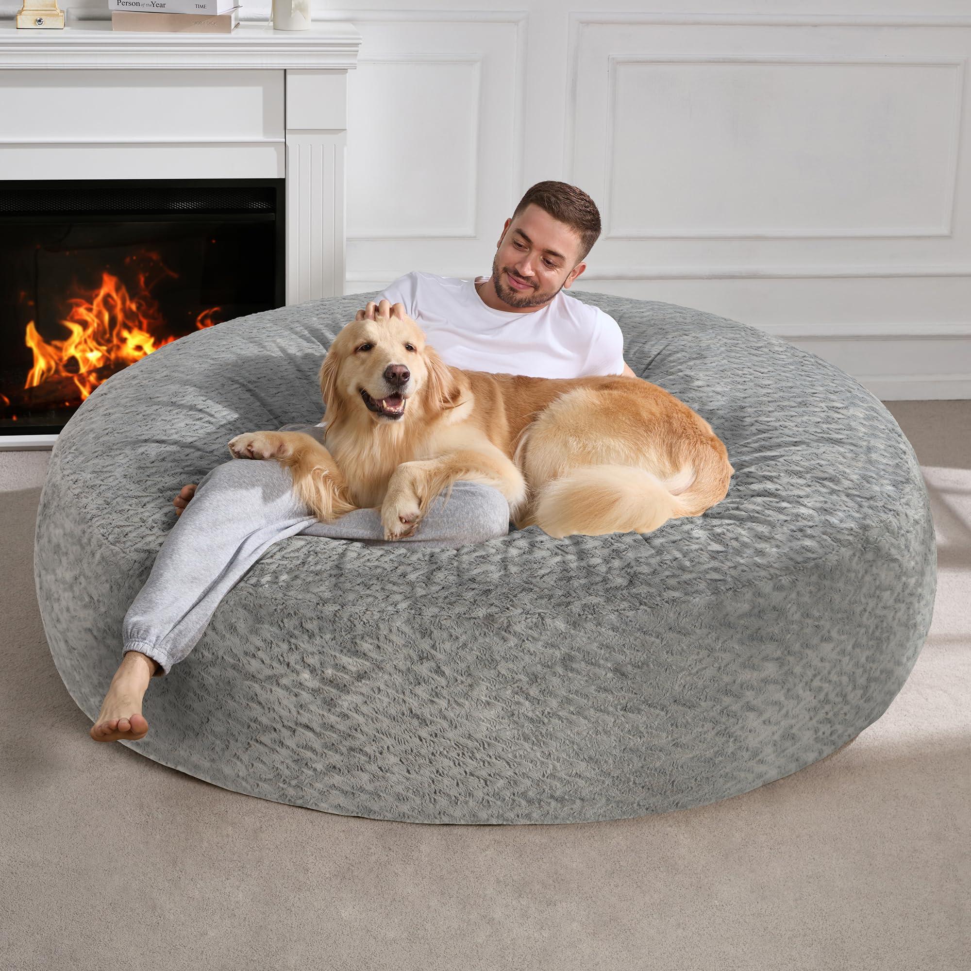 Hobestluk 6ft Bean Bag Chairs for Adults Large Beanbag Chair with Chevron Plush Fur Cover Big Bean Bag Chair for Living Room Bedroom Dorm Office - Grey (70" x 70" x 15") - Image 3