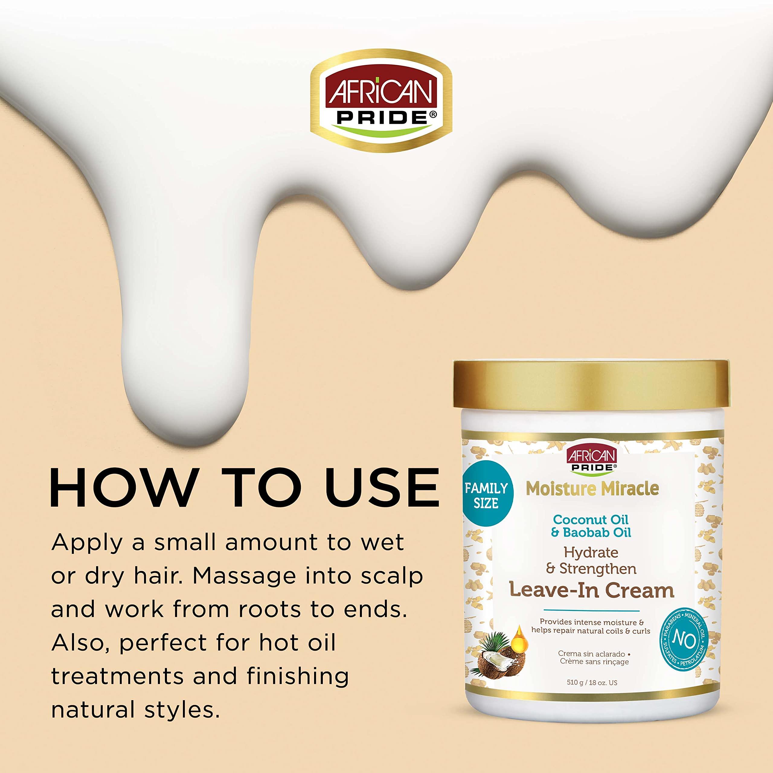 African Pride Moisture Miracle Coconut Oil & Baobab Oil Leave-In Hair Cream - Provides Intense Moisture & Helps Repair Natural Coils & Curls, Hydrates & Strengthens, 18 oz - Image 2