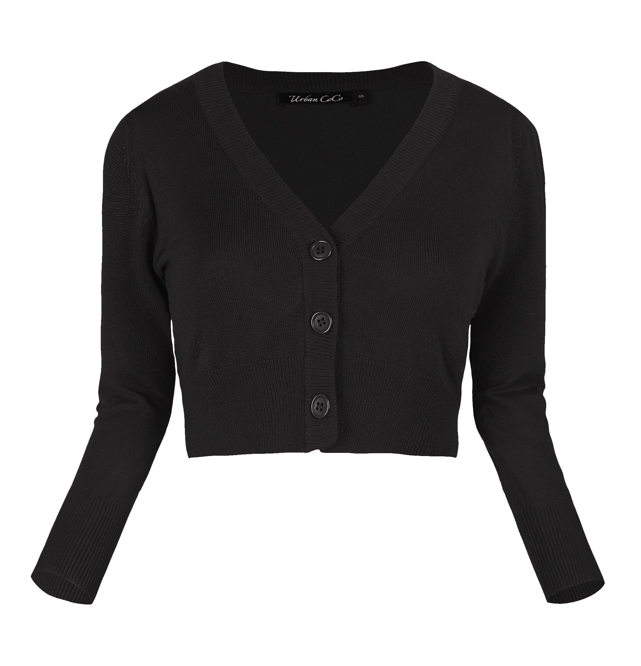 Urban CoCo Women's Cropped Cardigan V-Neck Button Down Knitted Sweater 3/4 Sleeve - Image 2