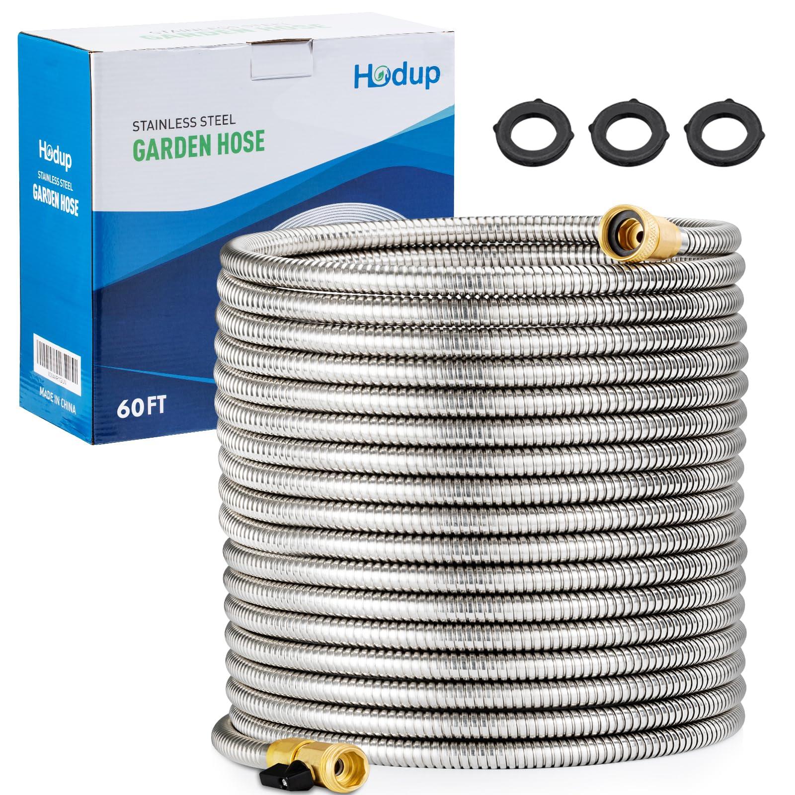 HODUP 60FT Metal Garden Hose Stainless Steel - Kink-Free Flexible Water Hose with Shut-Off Valve, Crush Resistant Brass Fittings, Ultra Lightweight & Rust Proof (Silver, 60FT Heavy Duty)