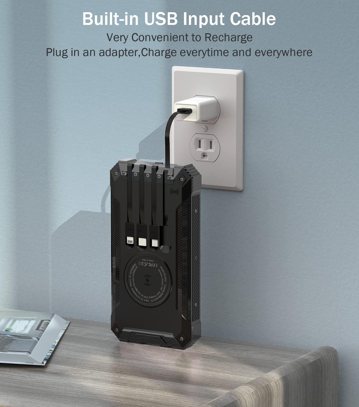 GOODaaa Power Bank Wireless Charger 36000mAh Built in 4 Cables Six Outputs 15W Fast Charging Power Bank for All Mobile Devices Three Inputs Solar Portable Charger with Dual Flashlights, Carabiner - Image 3