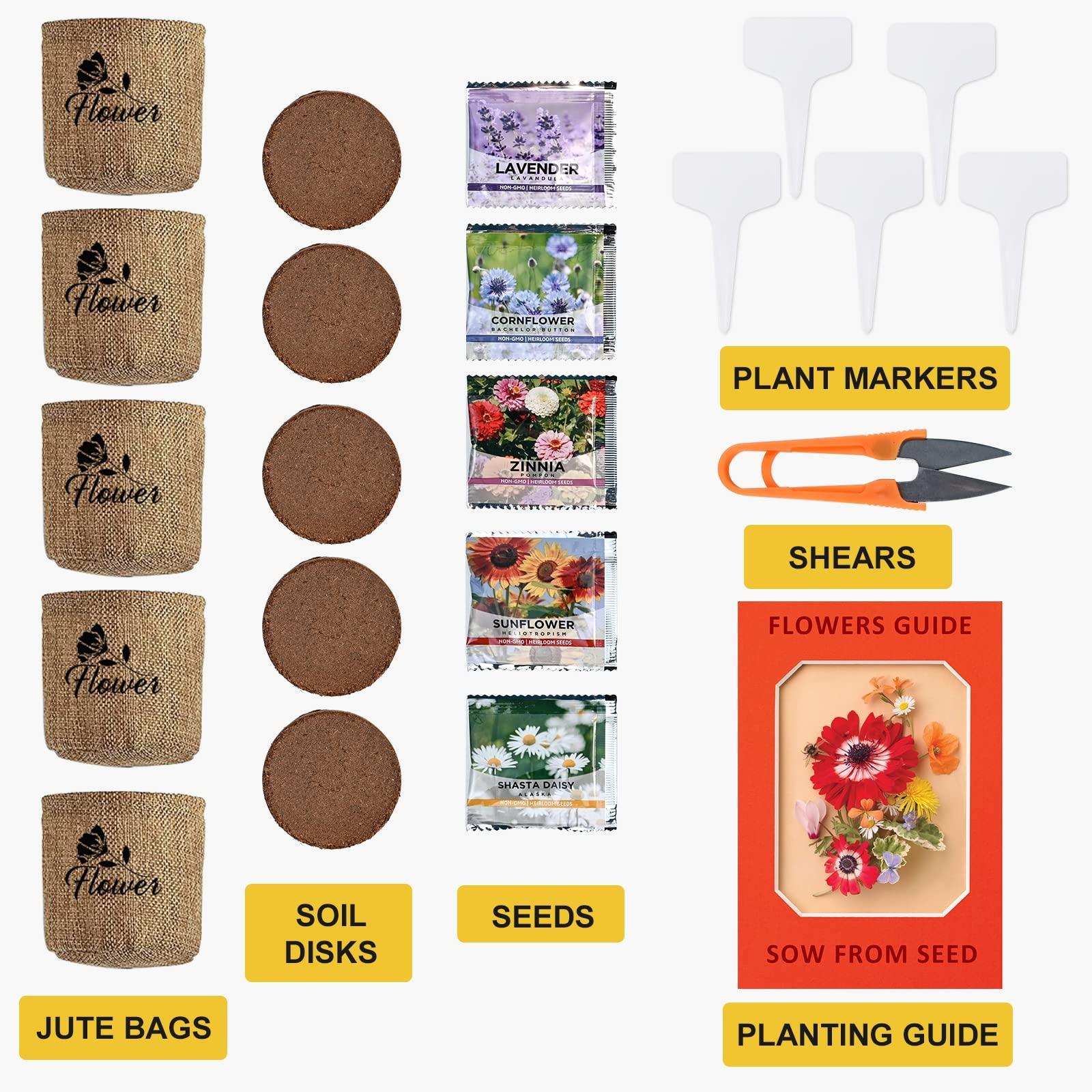 Indoor Daisy Garden Starter Kit with Gardening Tools - Jute Bags, Markers, Soil Disks and Shears, Home Gardening Gifts for Women Men Plant Lovers - Image 2