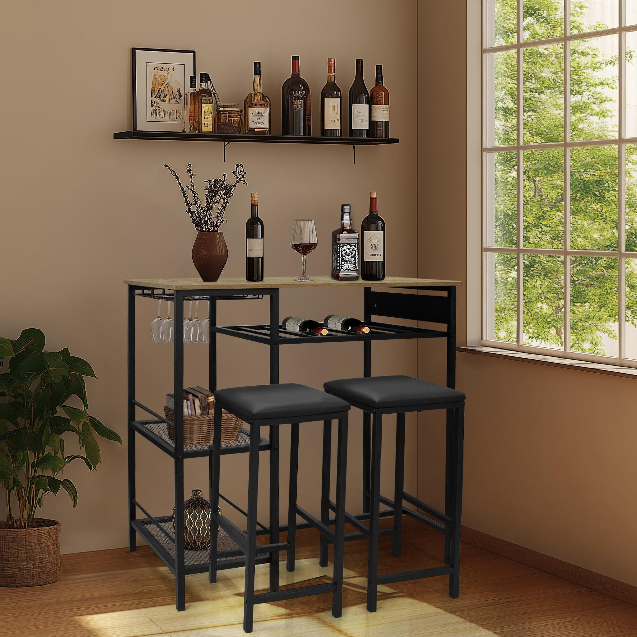 Ghouse Bar Table and Chairs Set of 2 with Storage Rack 4 Rows of Wine Glass Hanging Holder Pub Table with 2-Tier Storage Shelves for Apartment Living Room Dining Room Natural Oak 36.7 Inches Height - Image 4