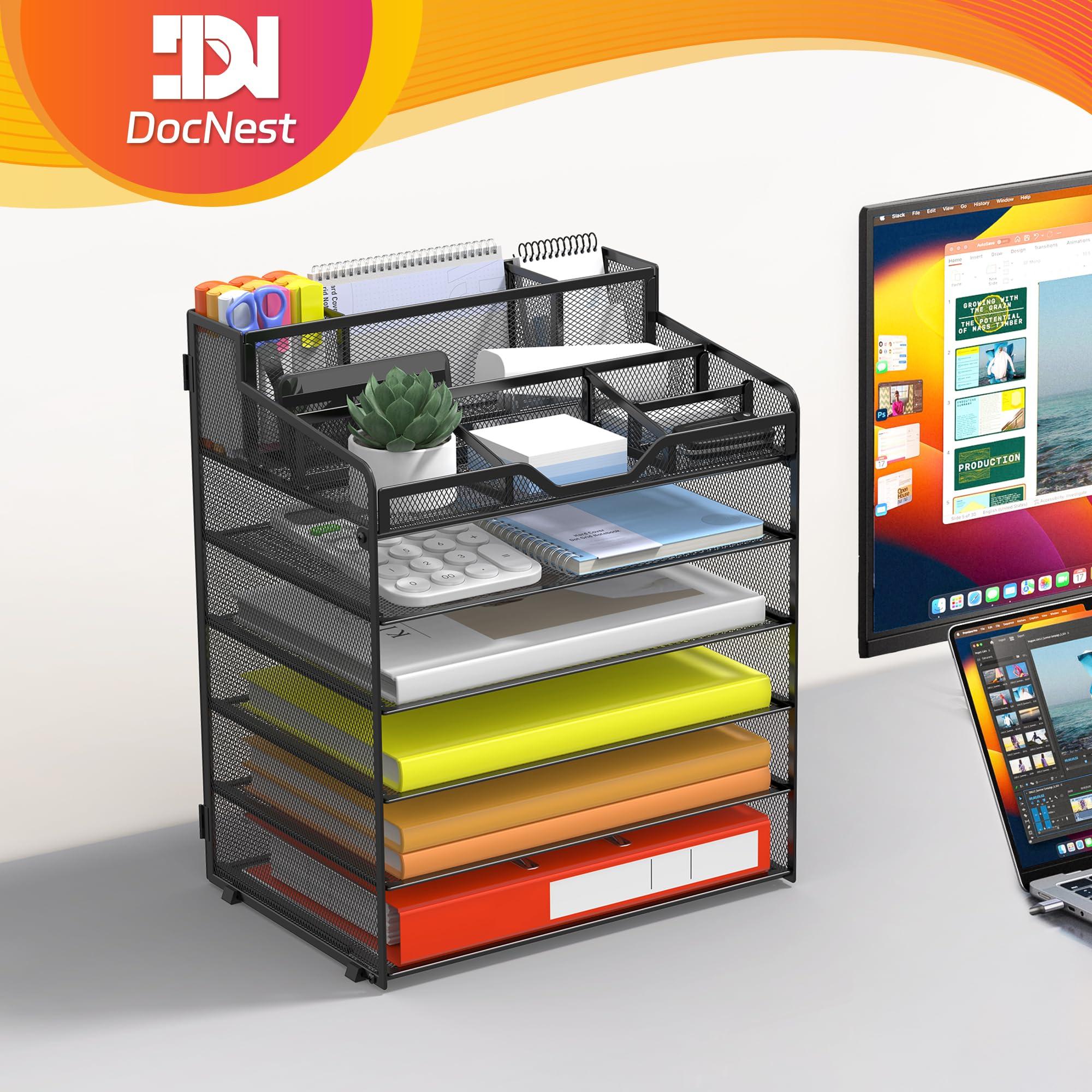 Docnest Multi-Functional Desk Organizer Tray, 6 Tier Paper Letter Tray Organizer with 3 Pen Holder, Mesh Desktop Organizer and Storage with 5 Adjustable Compartments for Office Supplies-Black - Image 7