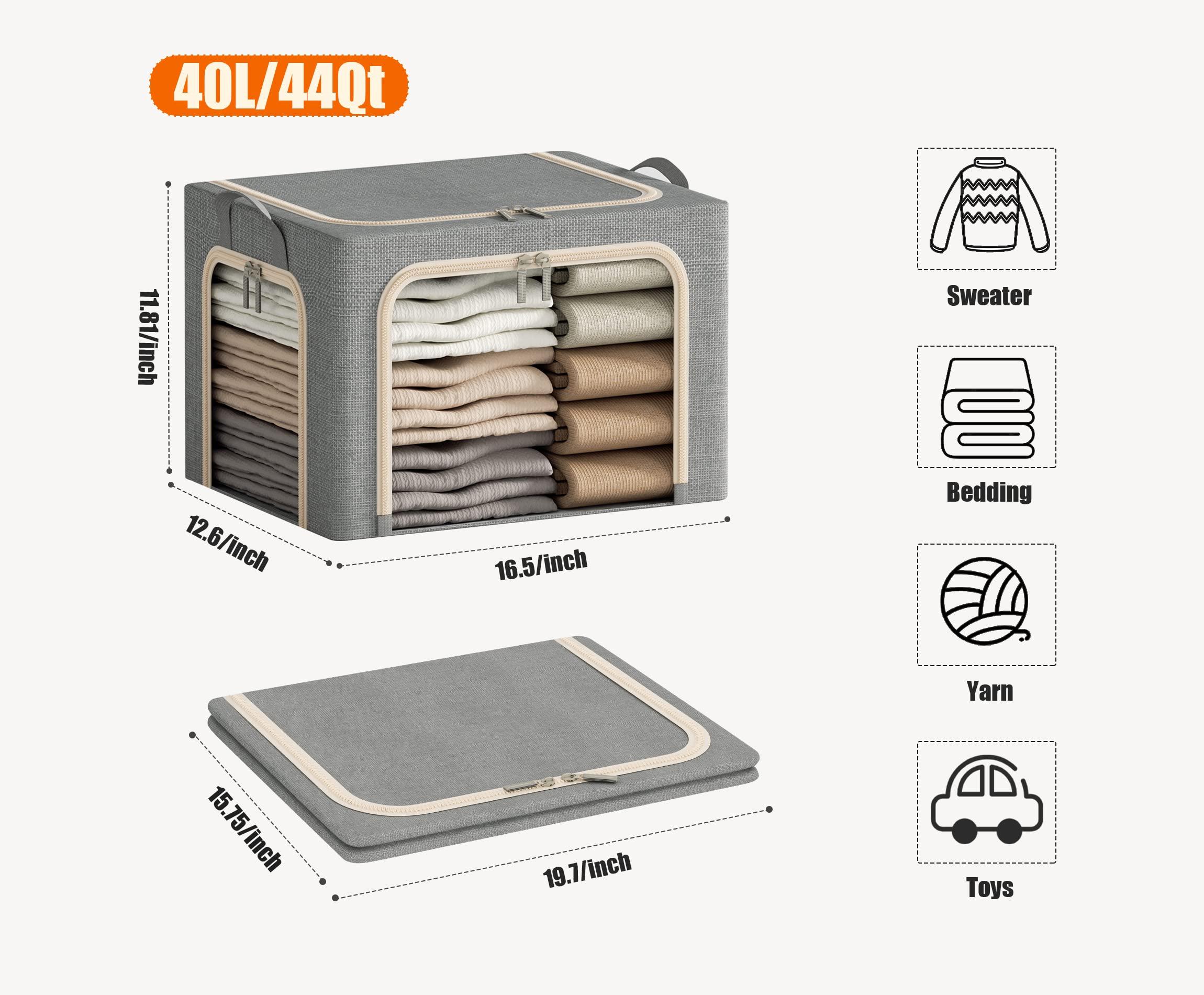 3 Openings Clothes Storage Bins with Metal Frame, Foldable Storage Bin for Clothes, Clothing Storage Bins with Lid, Linen Storage Box With Clear Window＆ Zippers＆ Durable Handles.(3 Pcs,Light Grey,40L) - Image 2