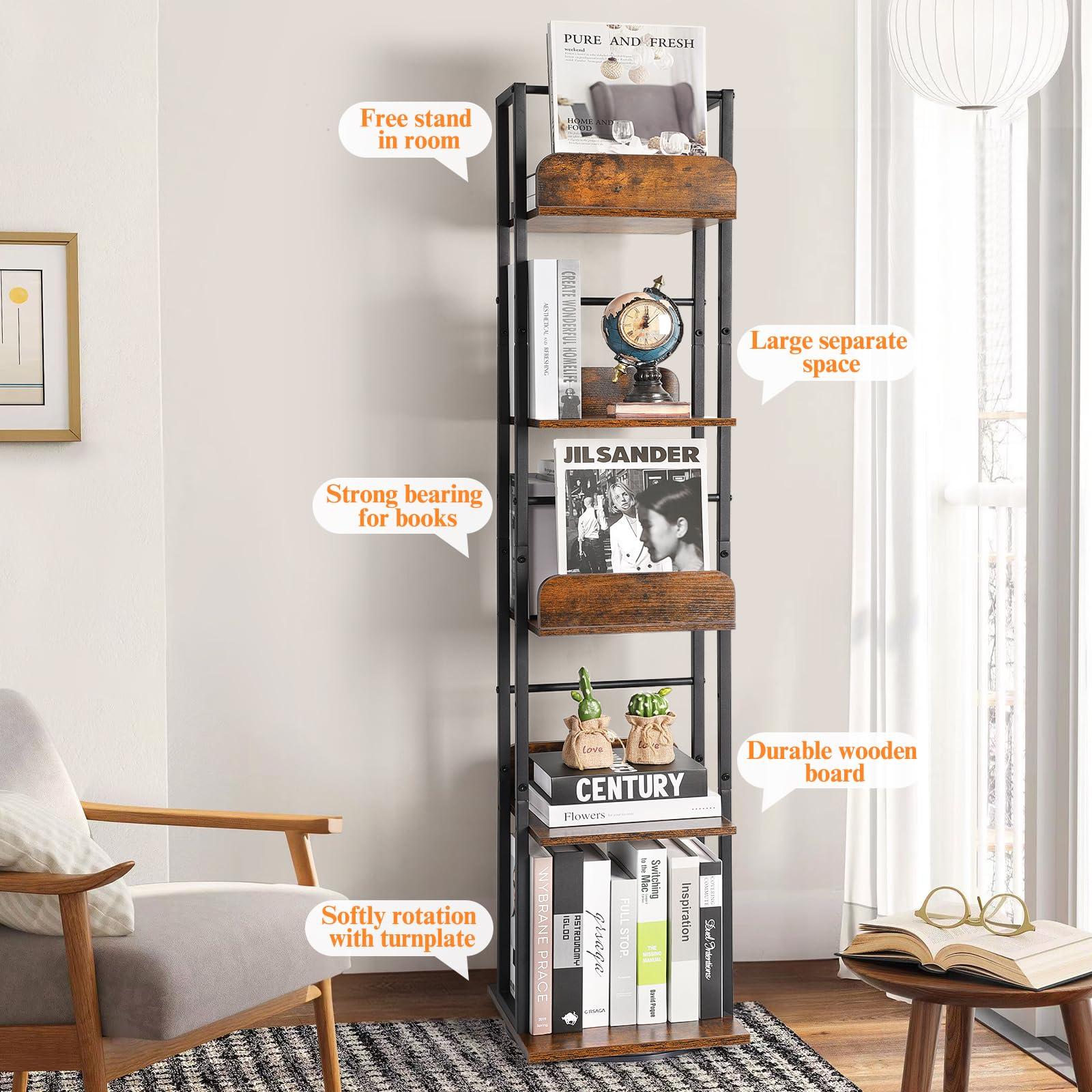 Bikoney Rotating Bookshelf, 360 Display Spinning Bookshelf Tower, 5-Tier Narrow Bookcase, Tall Industrial Book Shelf Organizer, Small Corner Book Shelves for Living Room, Black - Image 6