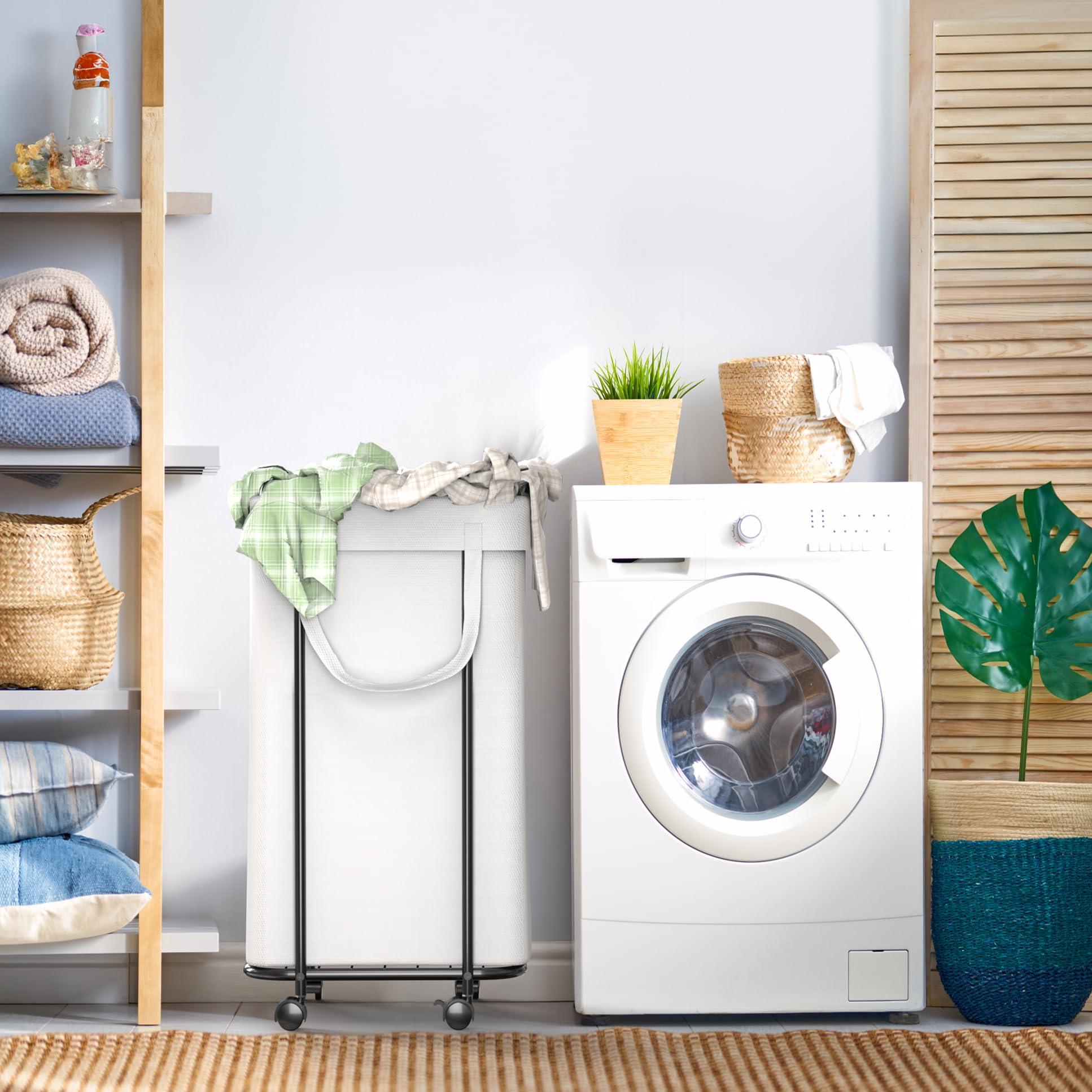 Wheels Laundry Hamper, Laundry Basket Organizer, 90 Litre Small Dirty Clothes Basket with Removable Lined Bag for Bathroom and Bedroom Storage (White) - Image 2