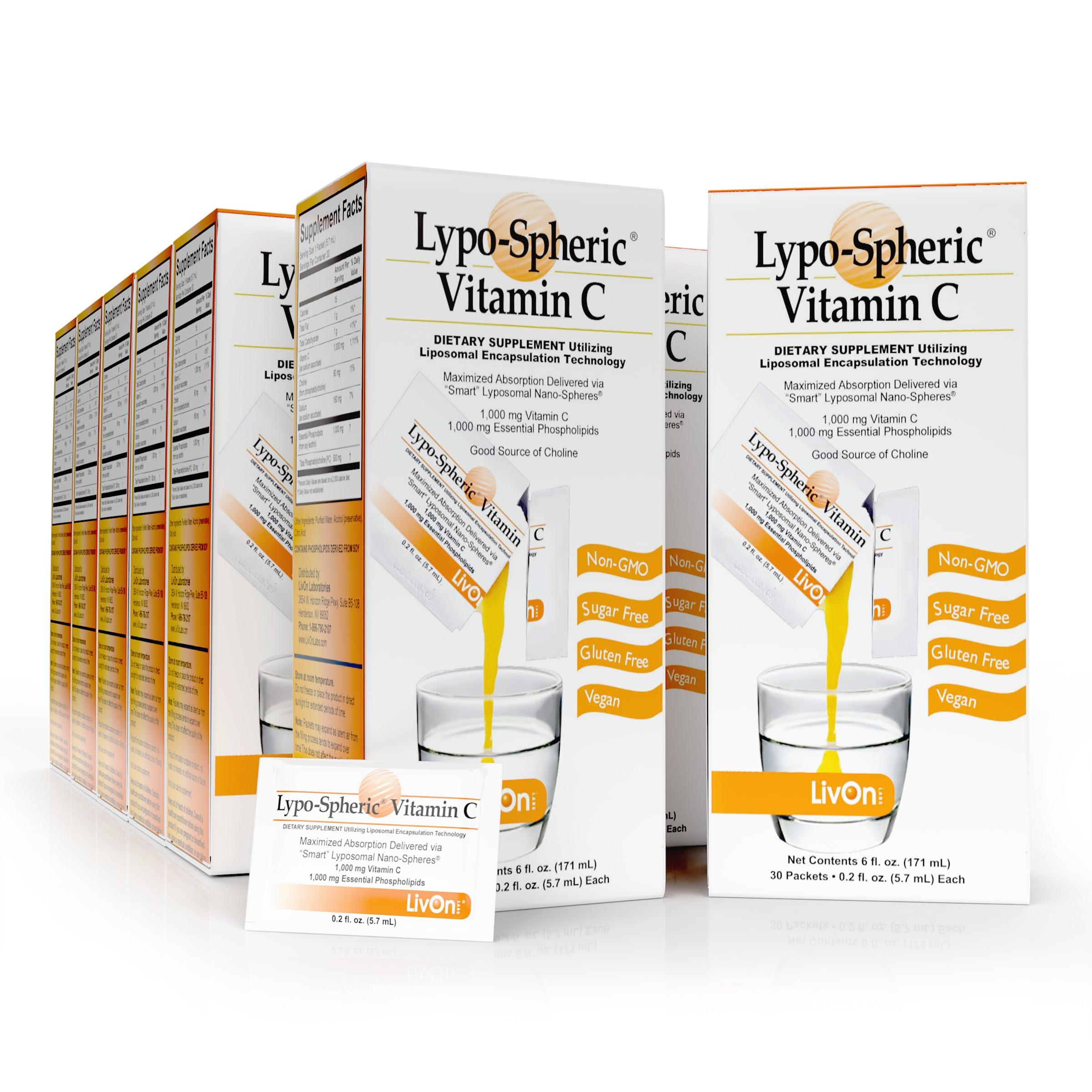 LivOn Laboratories Lypo–Spheric Vitamin C – 1,000 mg Vitamin C & 1,000 mg Essential Phospholipids Per Packet – Liposome Encapsulated for Improved Absorption – Non–GMO(12 Cartons,360 Packets)
