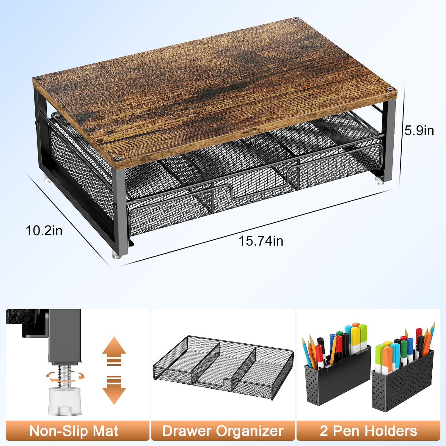 gianotter Monitor Stand Riser, Office Desk Shelf Organizer, Desk Organizer with Drawer and Pen Holder, 2-Tier Computer Stand, Office Organization (Wood) - Image 3