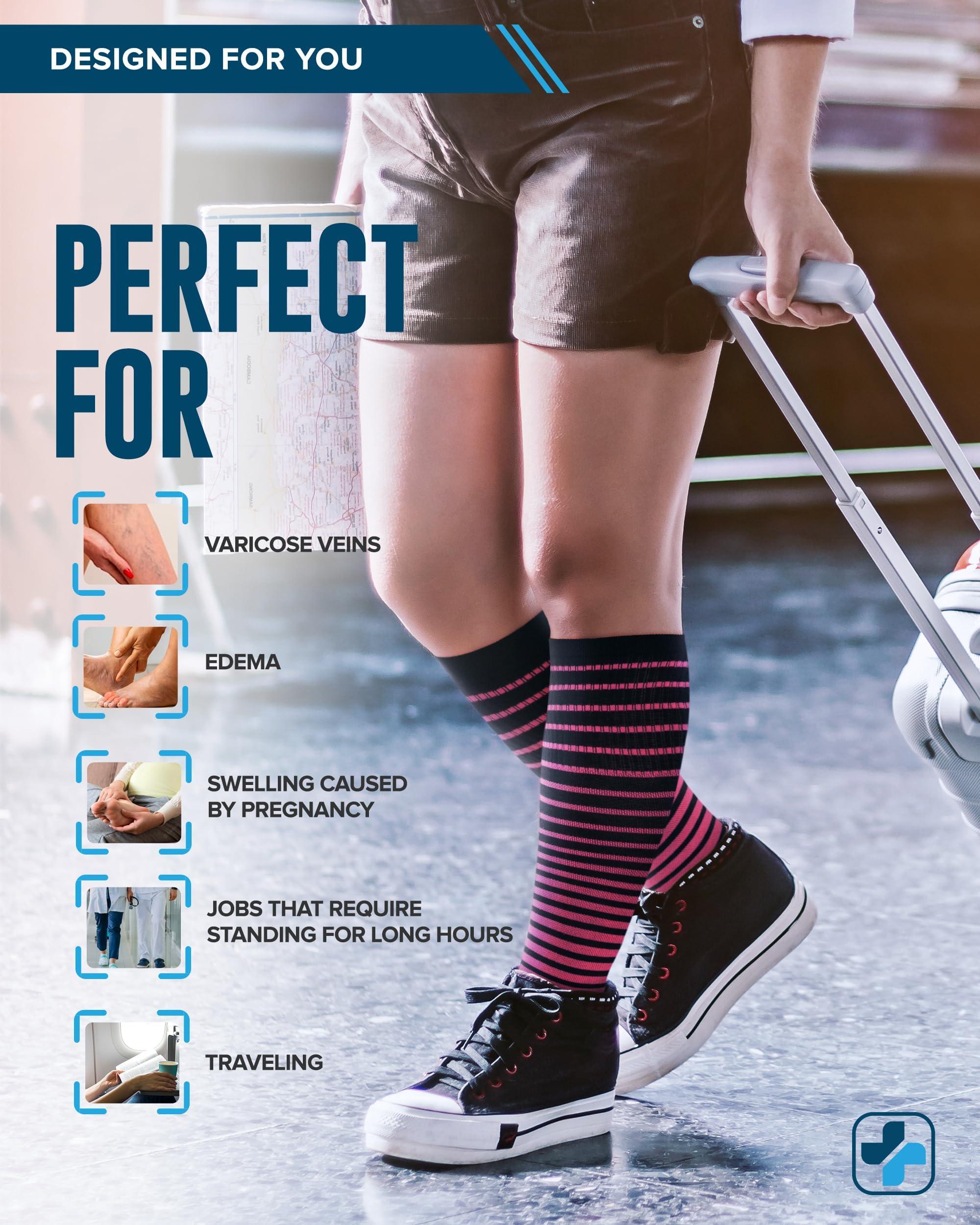 Doctor's Select 3 Pairs Plus Size Compression Socks Wide Calf | Bamboo Viscose Knee High Socks | Extra Wide Calf | Pink, Cobalt Blue, Grey (Black Stripes) - Image 4