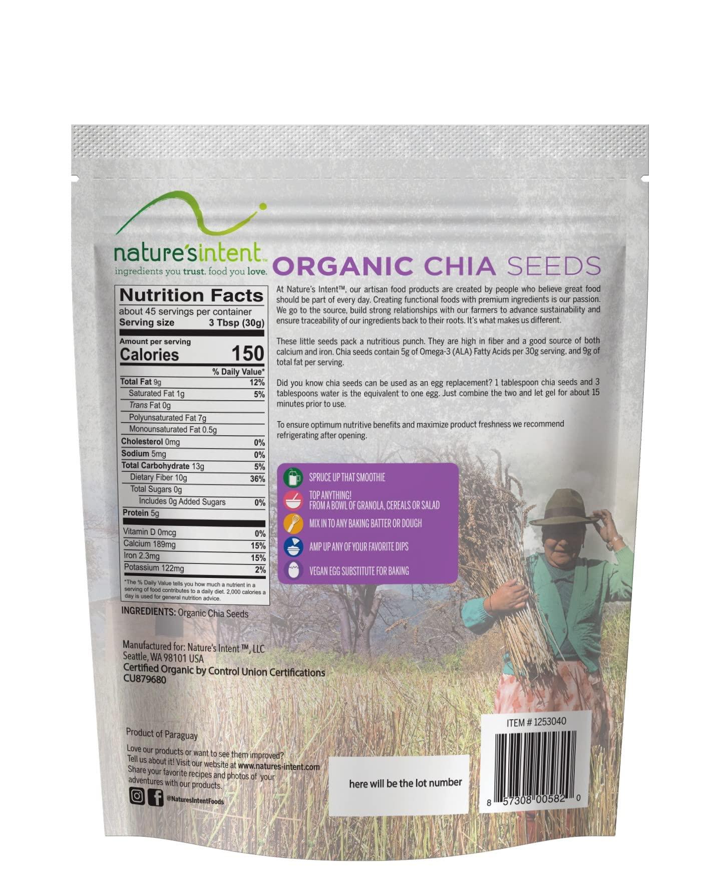 Nature's Intent Organic Chia Seeds - 3lb Bag - USDA Organic, Non-GMO, Vegan, Gluten-Free, Kosher, Keto & Paleo - Good Source of Calcium, Omega 3 and Iron - for Salads, Yogurt & Smoothies - Image 2