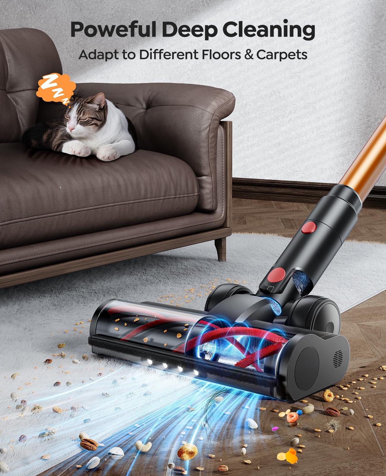 Fieety Cordless Vacuum Cleaner, 550W/45Kpa Vacuum Cleaners for Home with LED Screen, Max 60 Mins Runtime, Noise Reduction Tech, Anti-Tangle Stick Vacuum for Pet Hair Carpet and Hardfloor - Image 6