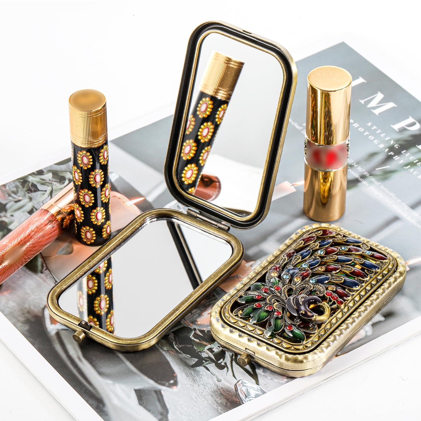 Eorbow 2 Pcs Vintage Foldable Makeup Mirror, Portable Cosmetic Pocket Mirror, Double Sided Butterfly Peacock Vanity Mirror, Metal Compact Small Folding Travel Mirror for Woman Girls - Image 2