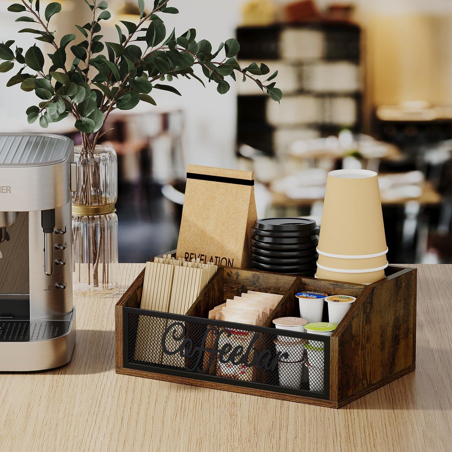 YINMIT Coffee Station Organizer for Countertop, Wood Coffee Bar Organizer with Removable Dividers for Pods, Syrup, Cups, Stirrer, Tea - Office Coffee Bar Accessories - Image 4