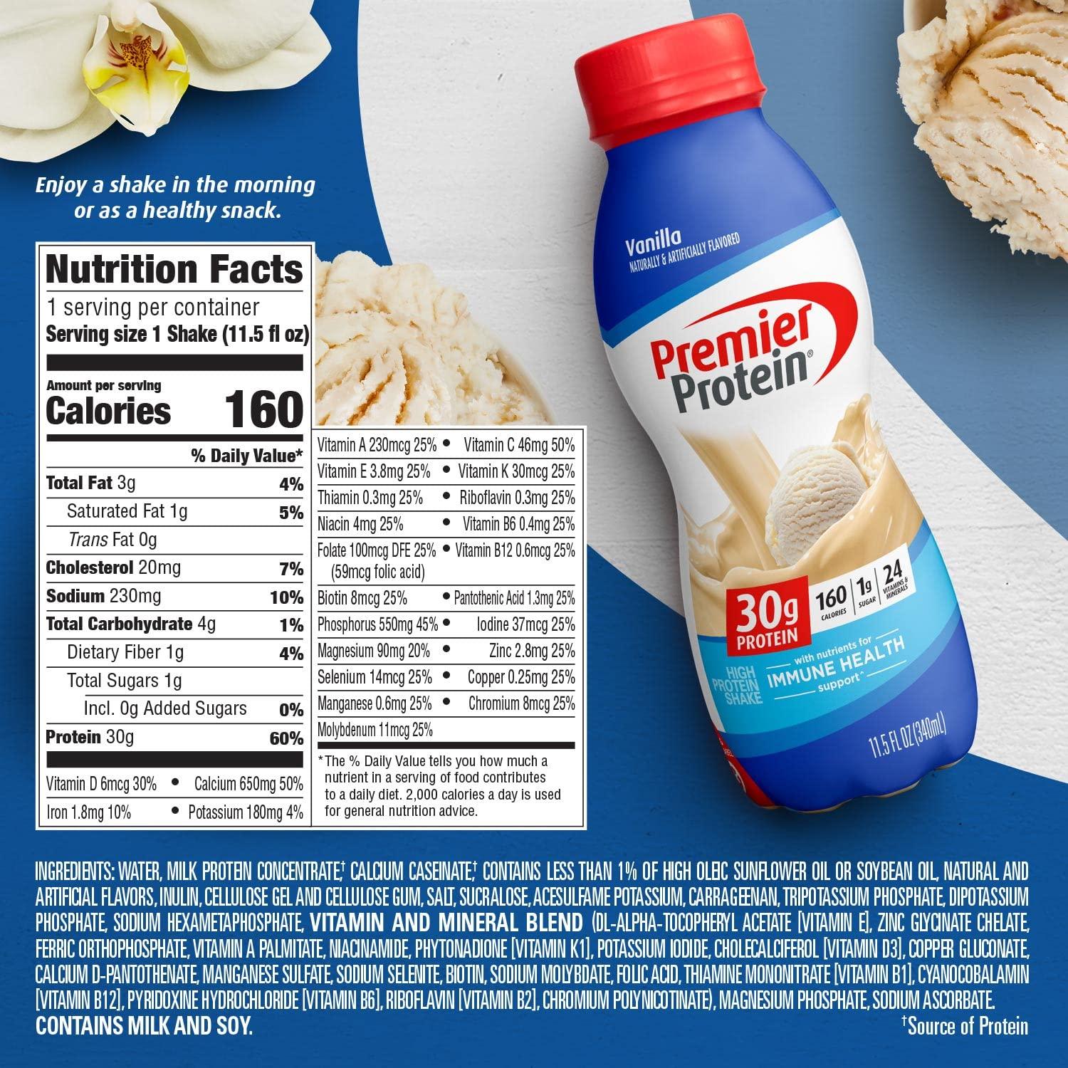 Premier Protein Shake, Vanilla, 30g Protein, 1g Sugar, 24 Vitamins & Minerals, Nutrients to Support Immune Health 11.5 fl oz, 12 Pack - Image 2