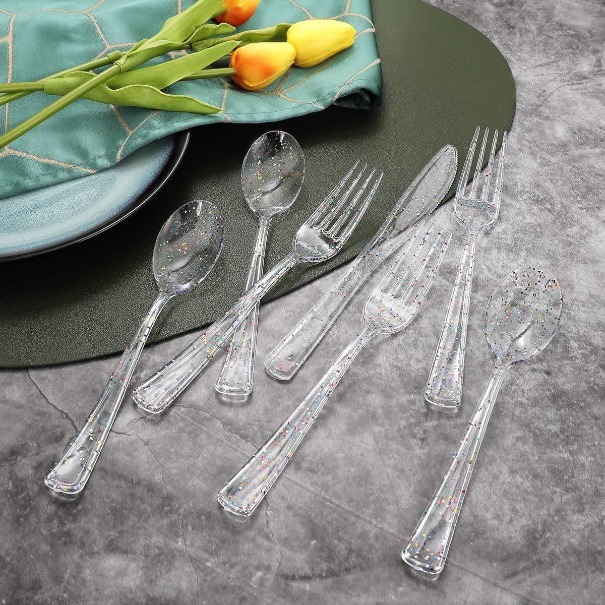 Supernal 360pcs Clear Plastic Silverware, Glitter Disposable Cutlery with Colorful Design,120 Forks,120 Knives,120 Spoons,Perfect for Parties Birthday - Image 5