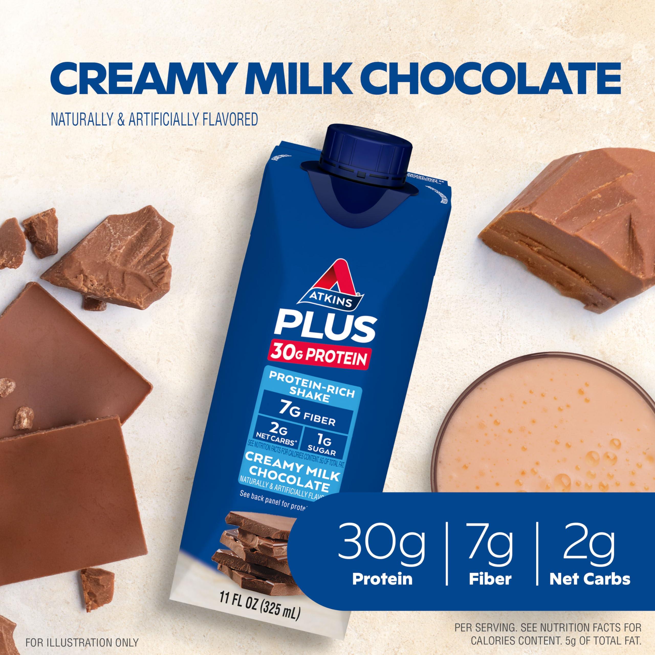 Atkins Creamy Milk Chocolate PLUS Protein Shake, 30g Protein, 7g Fiber, 2g Net Carb, 1g Sugar, Keto Friendly, Low Carb, High Protein Drink, 12 Count - Image 2