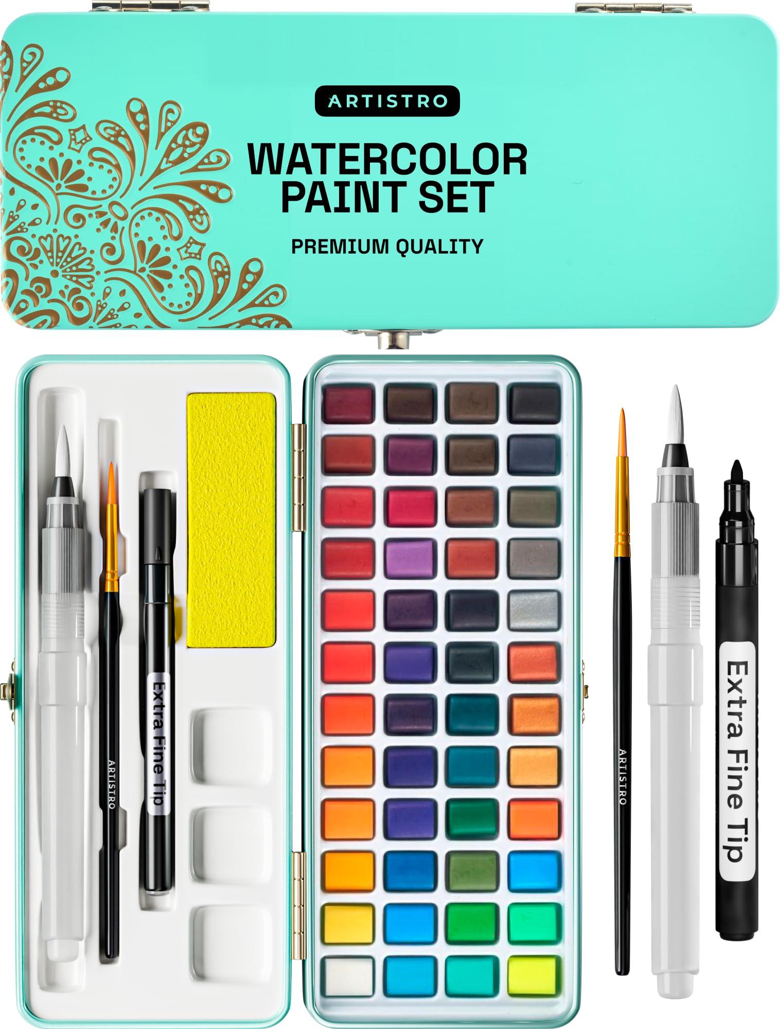 ARTISTRO Watercolor Paint Set, Vivid Colors in Portable Box, Palette set, Including Metallic and Fluorescent Colors. Perfect Travel Watercolor Set for Artists, Amateur Hobbyists and Painting