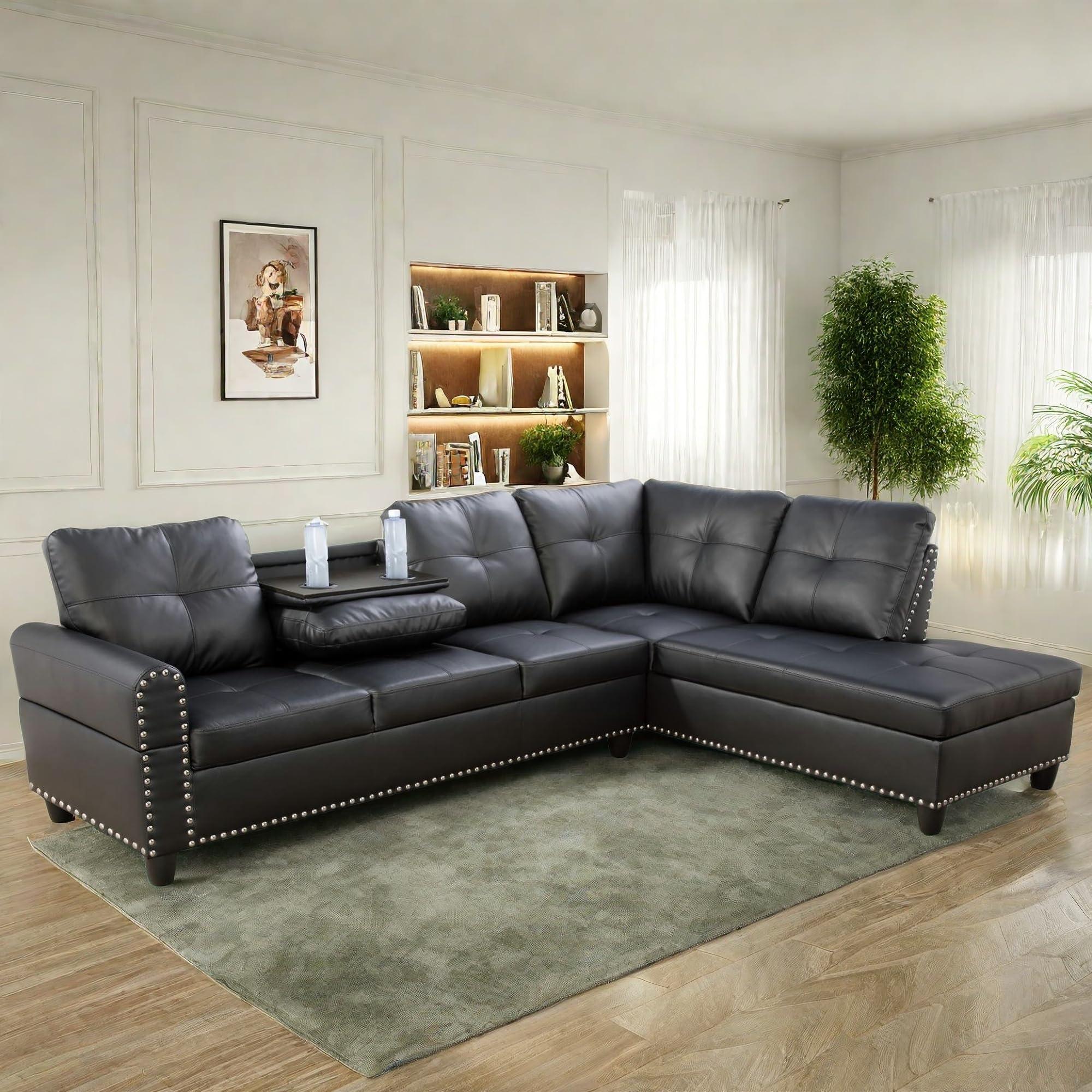 FONTOI Leather Sectional Couch Sofa, Modern Nail-Head Design L Shaped Sectional Sofa for Living Room, 4 Seat L Couch with Cup Holder for Bedroom, Black ZA - Image 6