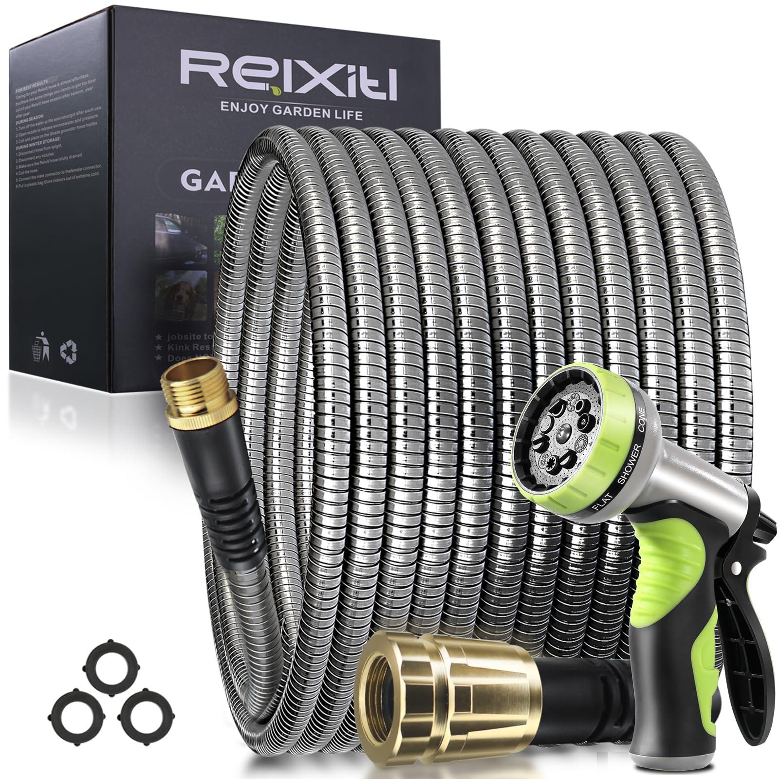 50FT Metal Garden Hose - Stainless Steel, Heavy Duty, Flexible & Lightweight, Never Kink and Tangle, with 10-Function Nozzle, Pressure Resistant for Outdoor Use (Yellow)