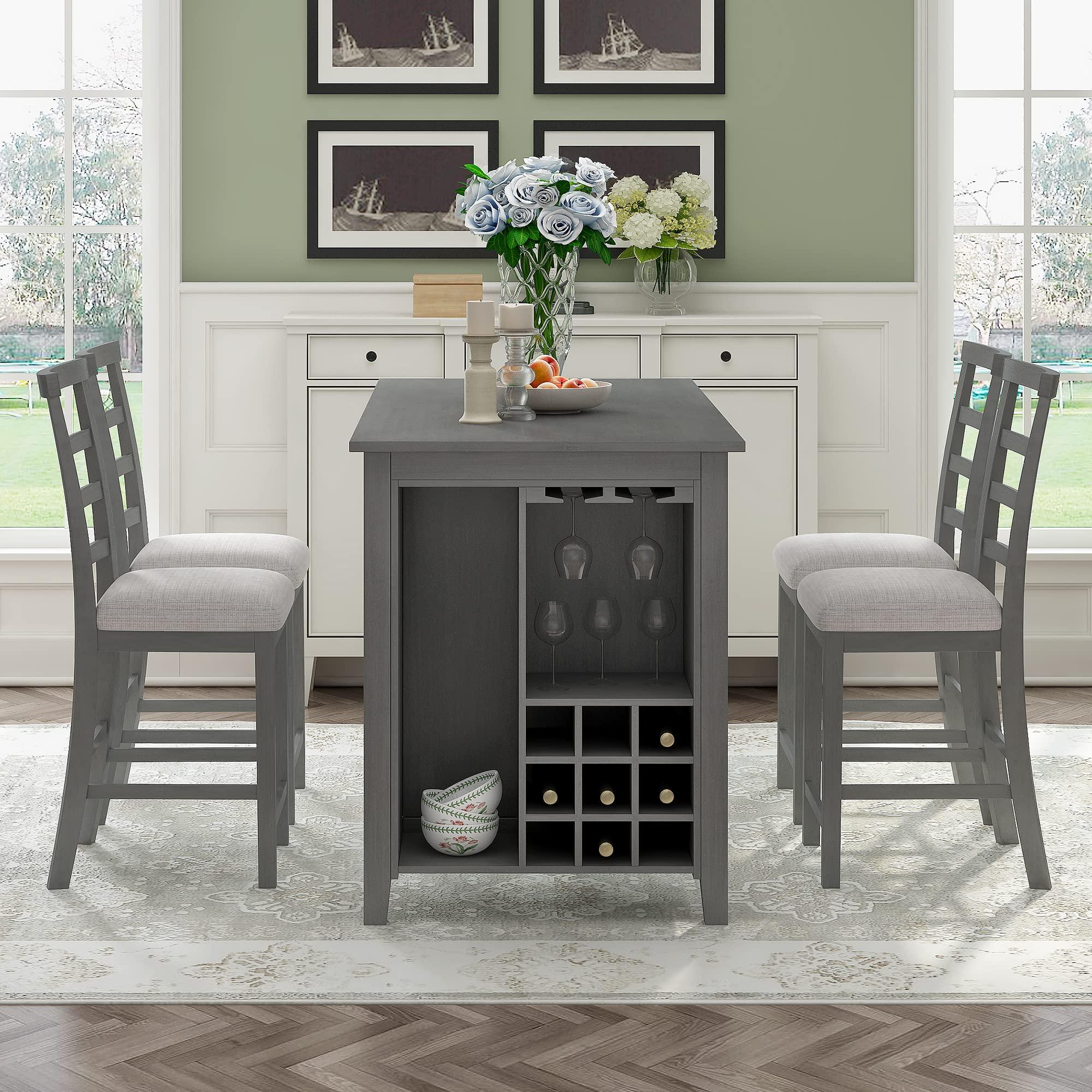 LUMISOL Farmhouse Dining Table Set for 4, Dining Table with Storage Integrated 9 Wine Compartment and Wineglass Holders, 5 Piece Dining Table Set with 4 Upholstered Chairs for Dining Room Kitchen