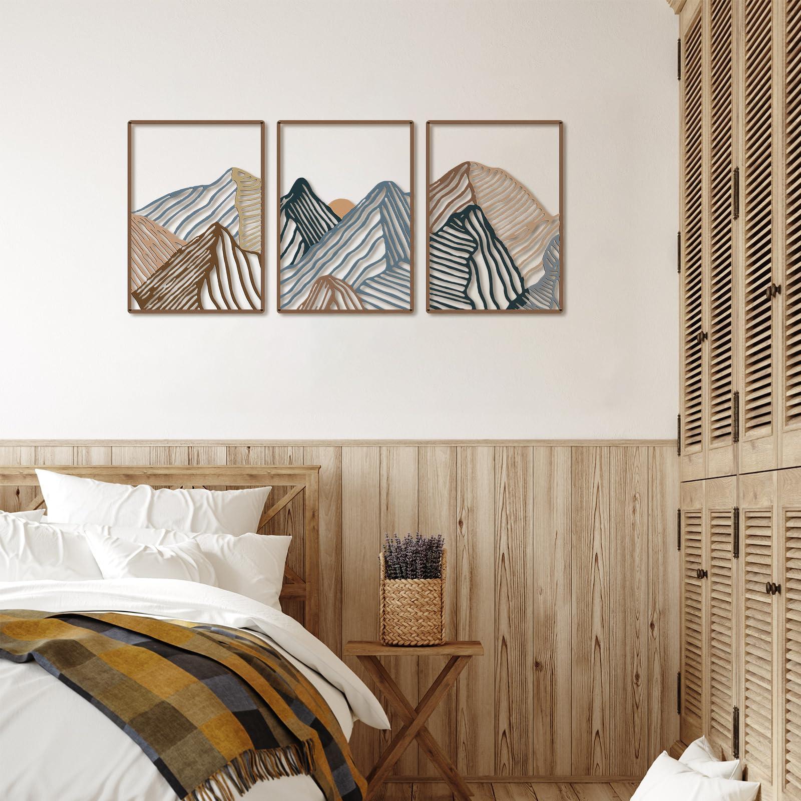 Peryiter Metal Wall Art 3 Piece Mountain Wall Art for Living Room Abstract Minimalist Mountain Line Pictures Gifts Decor for Summer Home Bathroom Office(Vibrant Colors) - Image 5
