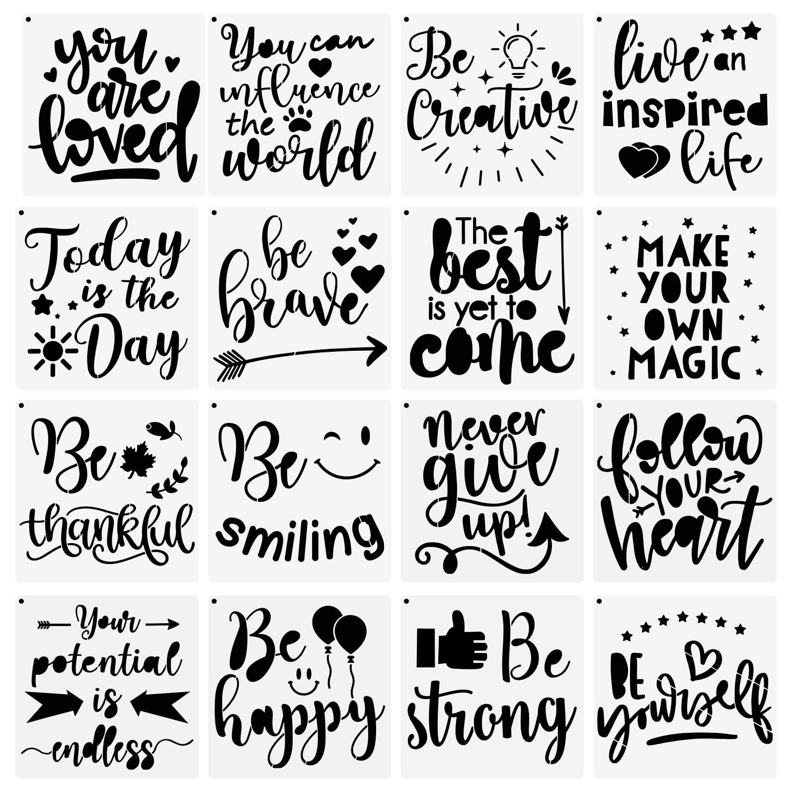 16 Pieces Inspirational Word Stencil Motivational Quote Reusable Polyester Film Template Stencils with Open Ring for Crafts Painting on Wood Drawing Wall Home Decor Gift(7.87 x 7.87 Inches)
