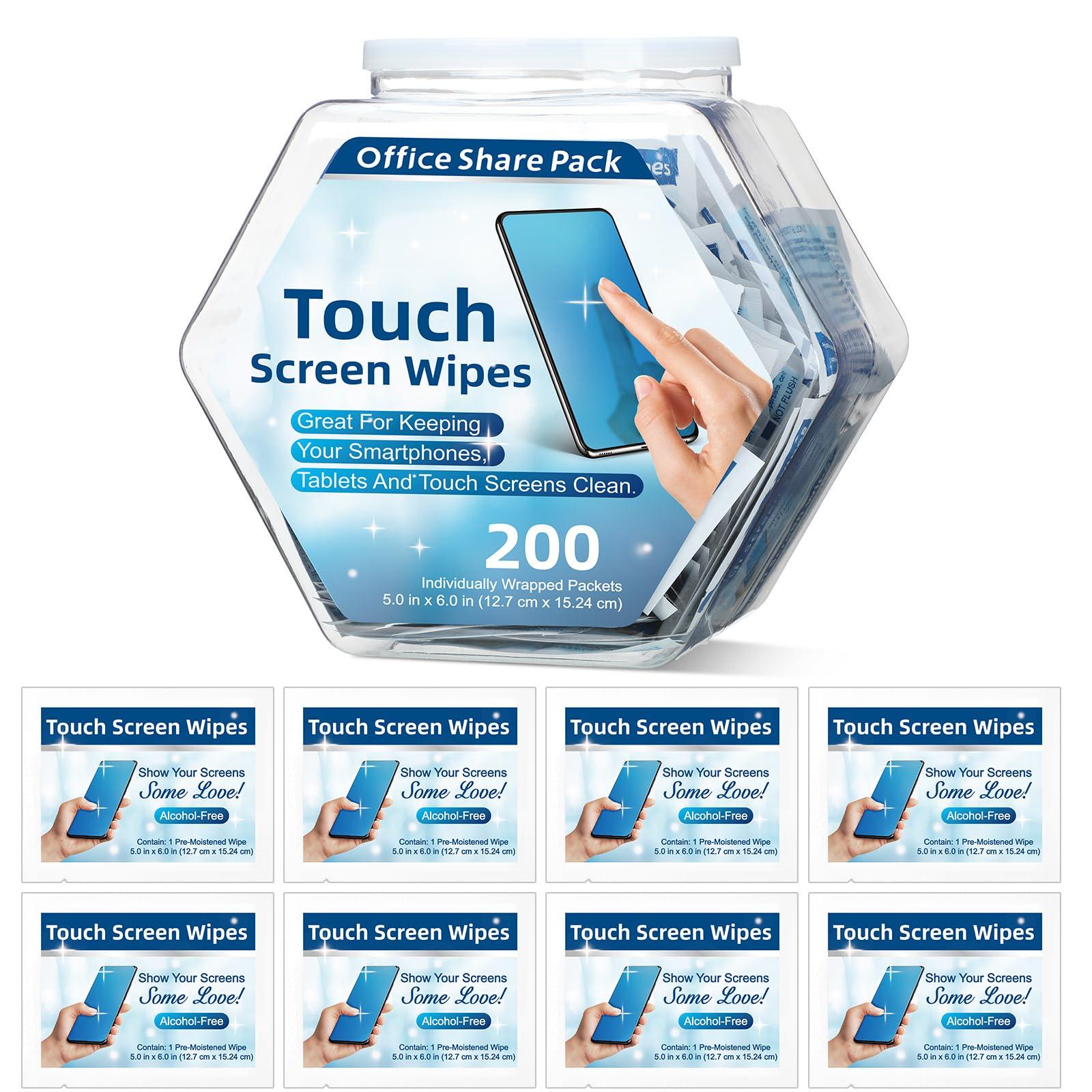 Willinglong 200 Pack Touch Screen Wipes Pre Moistened Lens Wipes Individually Electronic Screen Wipes for Monitors with 1 Clear Plastic Bottle 2 Bucket Labels for Glasses Computer Smartphone Screens