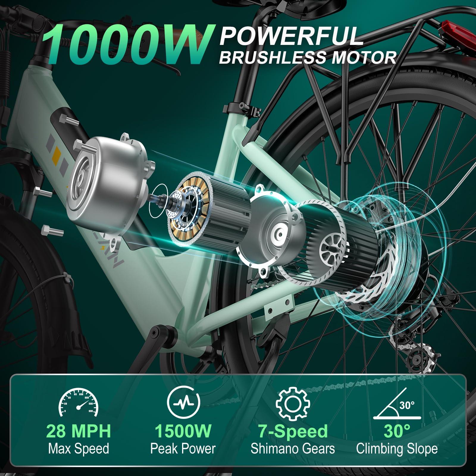 V80 Electric Bike, 1000W Motor 28MPH Ebike, 48V 13Ah Removeable Battery, 26'' City Cruiser Adult Electric Bicycles up to 70 Miles, 7-Speed Dual Disc Brake, Mountain E Bike for Commuting - Image 2