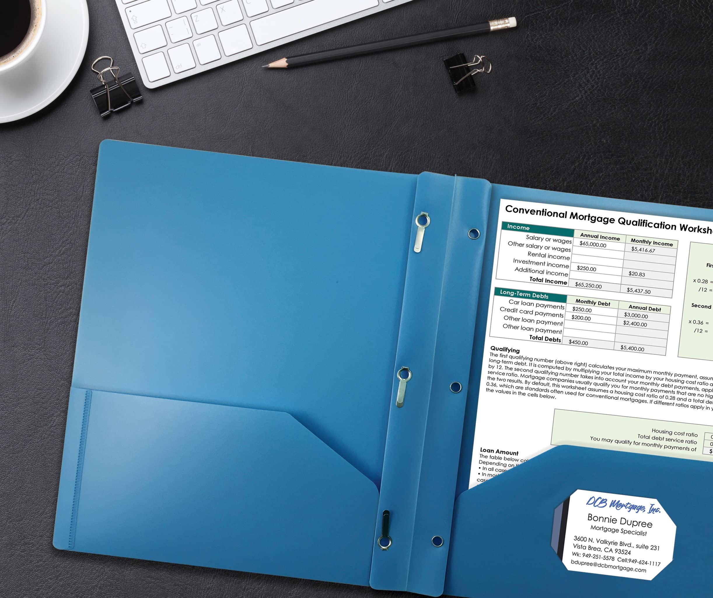 Better Office Products Light Blue Plastic 2 Pocket Folders with Prongs, 24 Pack, Heavyweight, Letter Size Poly Folders with 3 Metal Prongs Fastener Clips, Light Blue - Image 5