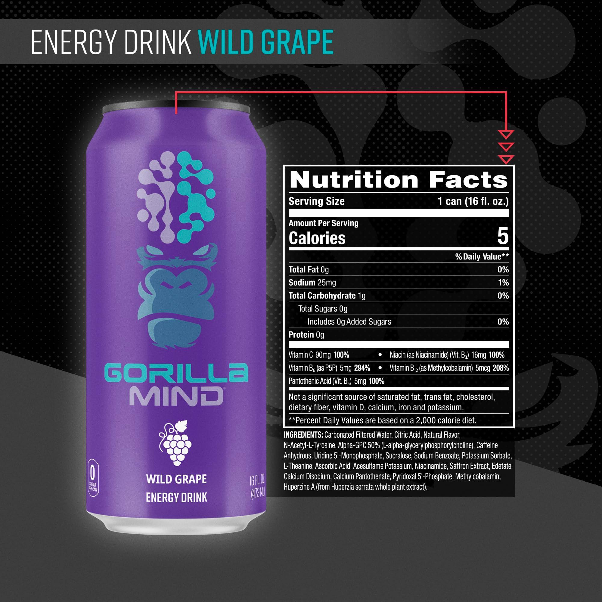 Gorilla Mind Energy Drink | Unmatched Energy · Amplified Focus | N-Acetyl-L-Tyrosine, Alpha-GPC, 200mg Caffeine, Uridine, Saffron | 0 Sugar Or Artificial Colors | 16oz, 12-Pack (Wild Grape) - Image 2