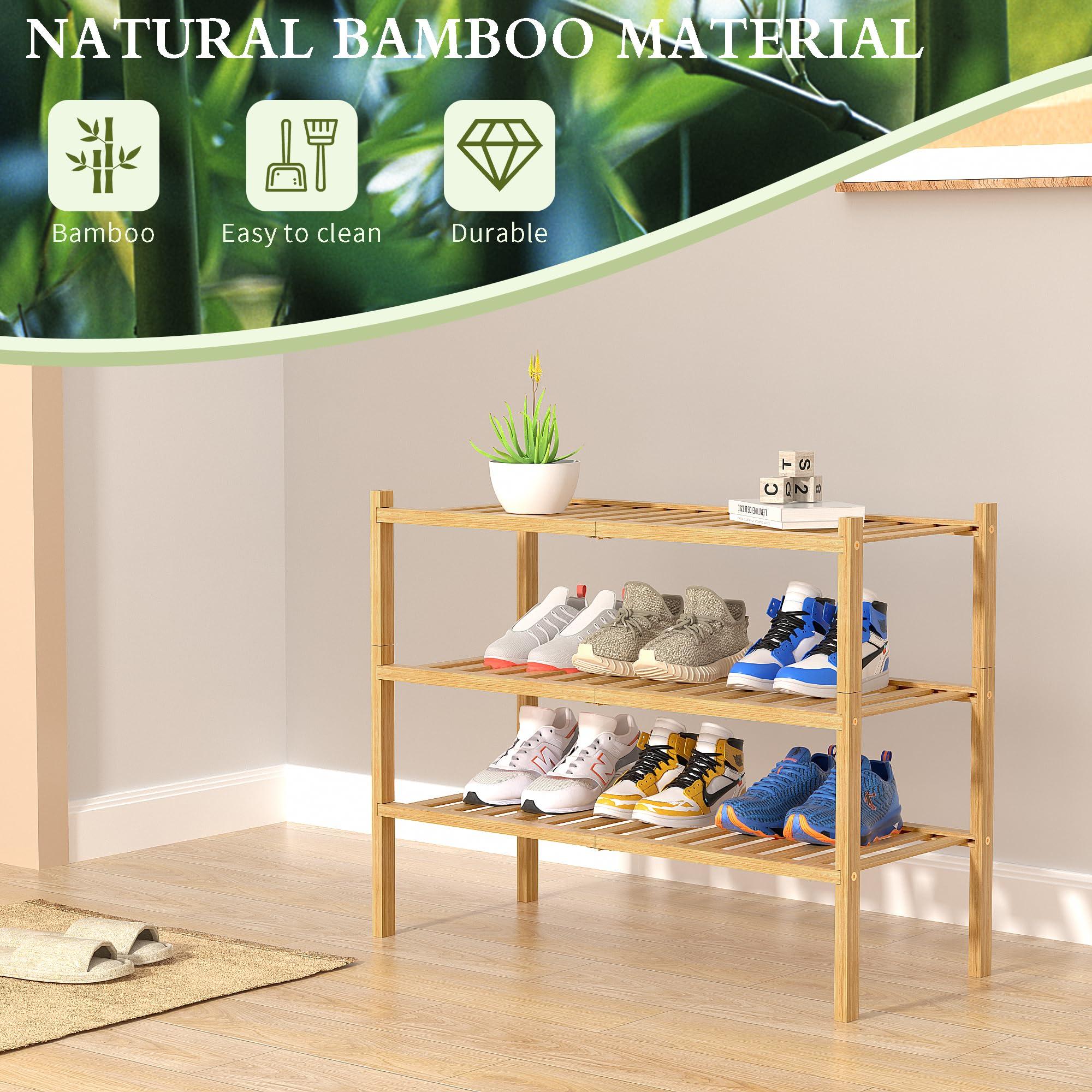 ROMGUAR CRAFT 3 Tier Bamboo Shoe Rack for Closet Free Standing Wood Shoe Shelf Storage Organizer for Entryway Small Space Stackable 27"x11"x20" (Natural) - Image 6