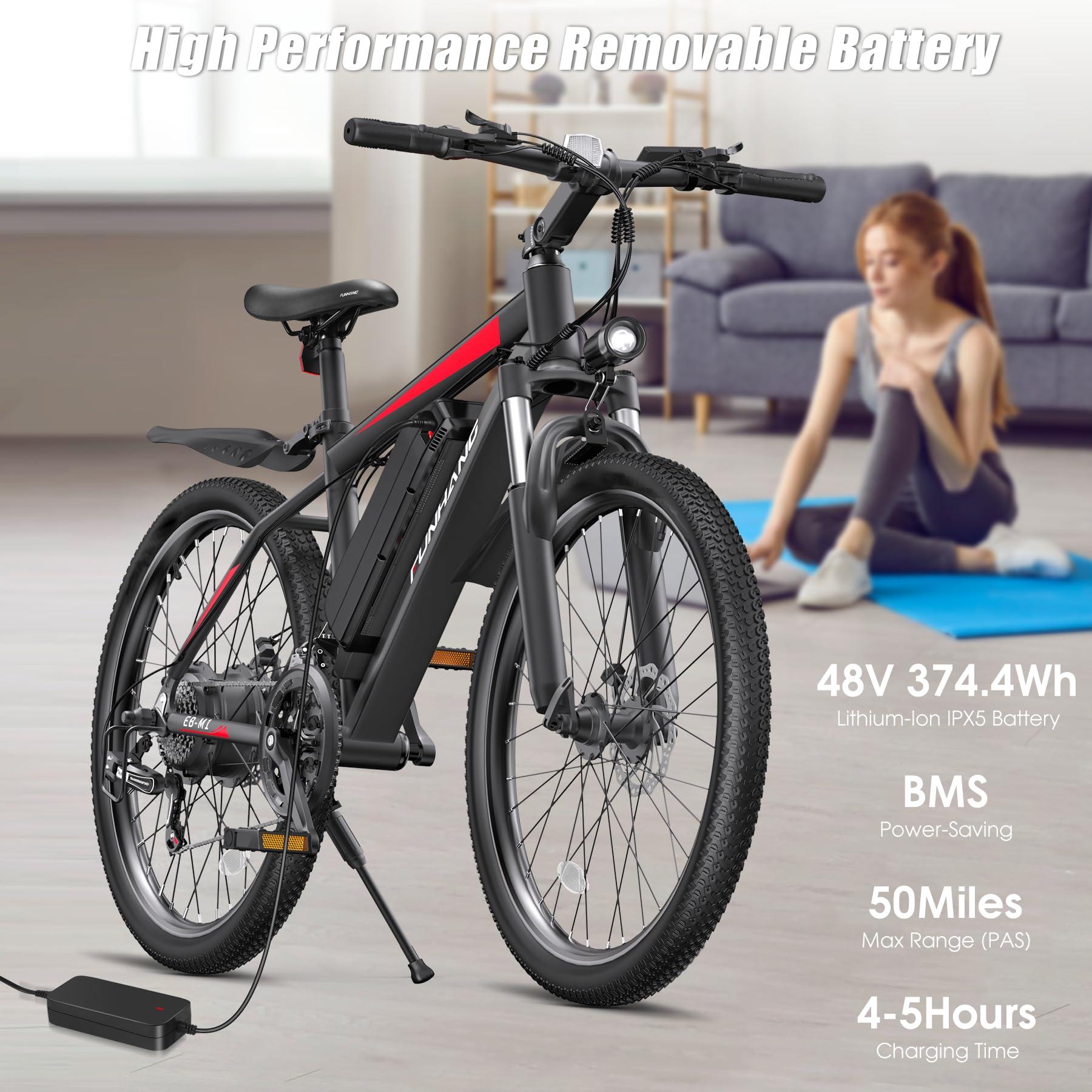 Funhang Electric Bike for Adults, Peak 1000W Ebike, 50Miles 21.7MPH Adult Electric Bicycles, 26" Electric Mountain Bike 48V 374.4WH Battery, Commuter E Bike with Adjustable Stem, Fenders, 21 Speed - Image 3