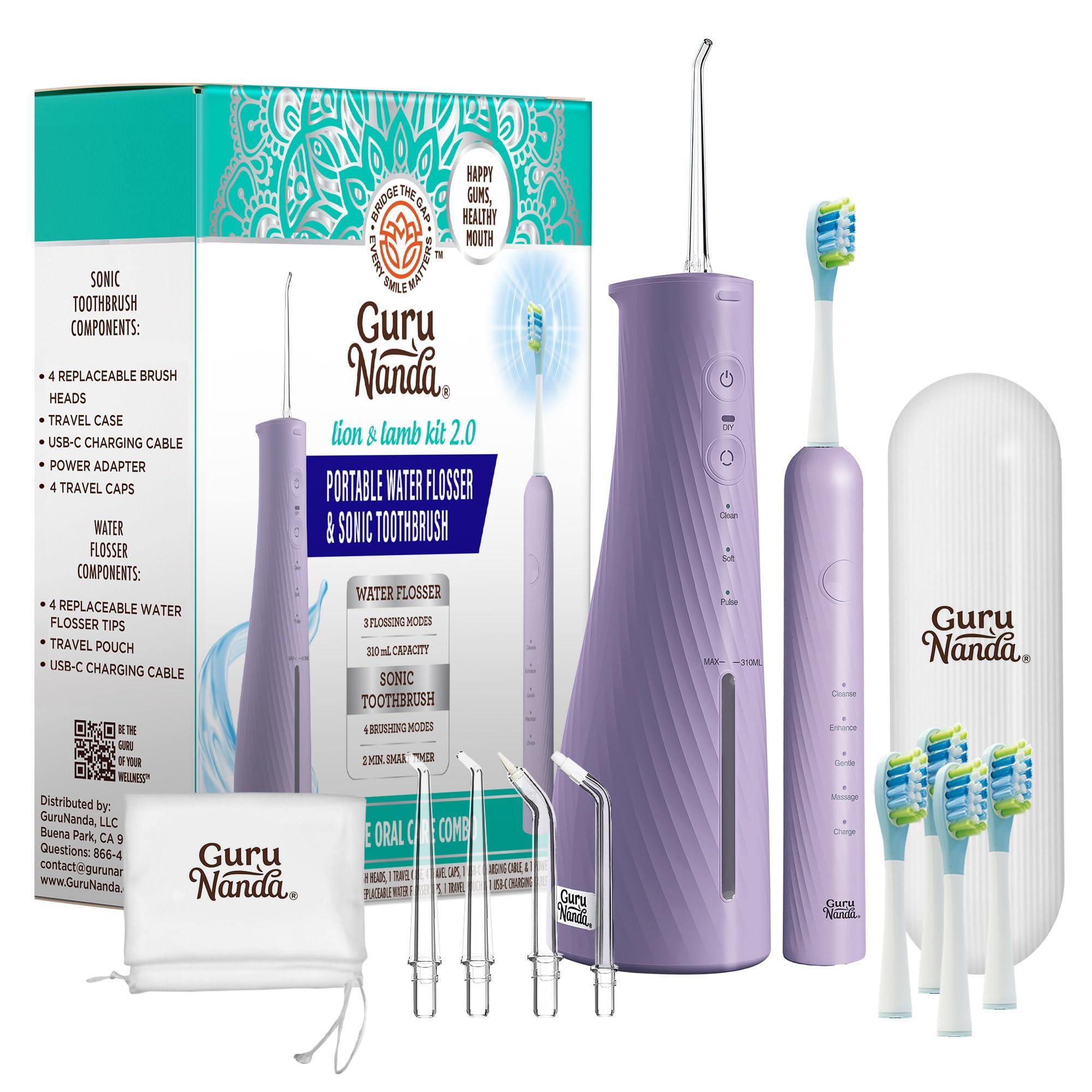 GuruNanda Lion & Lamb Kit 2.0, Electric Toothbrush with Water Flosser Combo, 4 Jet Tips, 4 Brush Heads, & IPX7 Waterproof Design for Complete Oral Care, Lavender